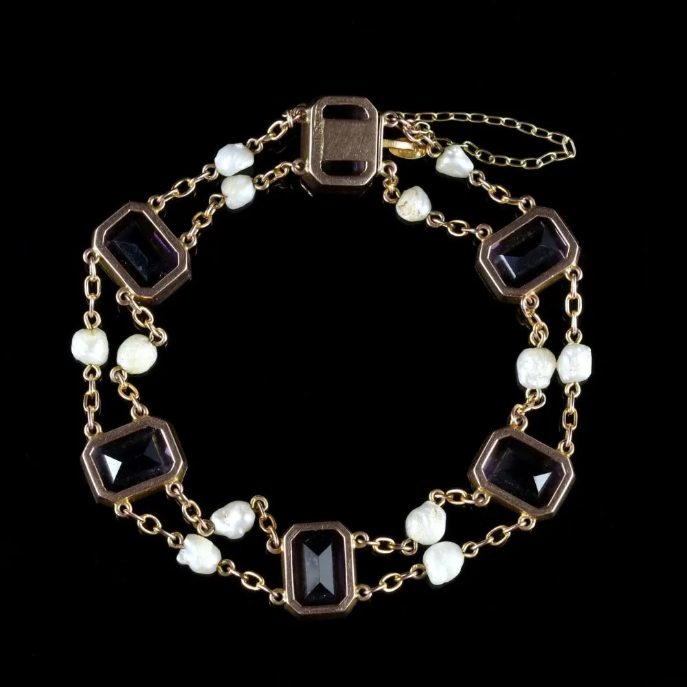 Antique Victorian Amethyst Pearl Bracelet 18Ct Gold Circa 1900