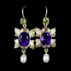 Antique Victorian Suffragette Earrings 18Ct Gold Drop Earrings Circa 1900