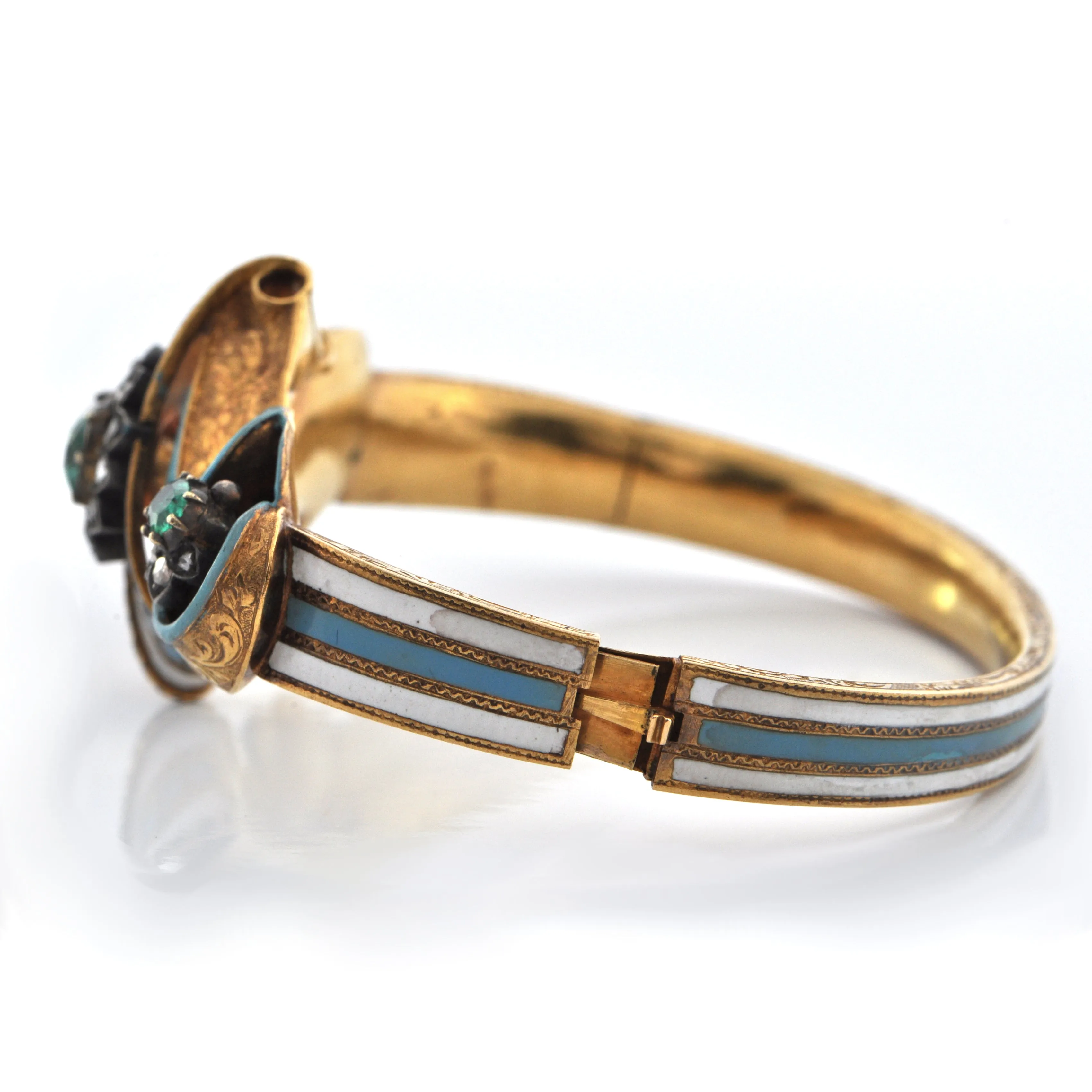 Austro-Hungarian Emerald and Diamond Enameled 18K Gold Bangle Bracelet C. 1860