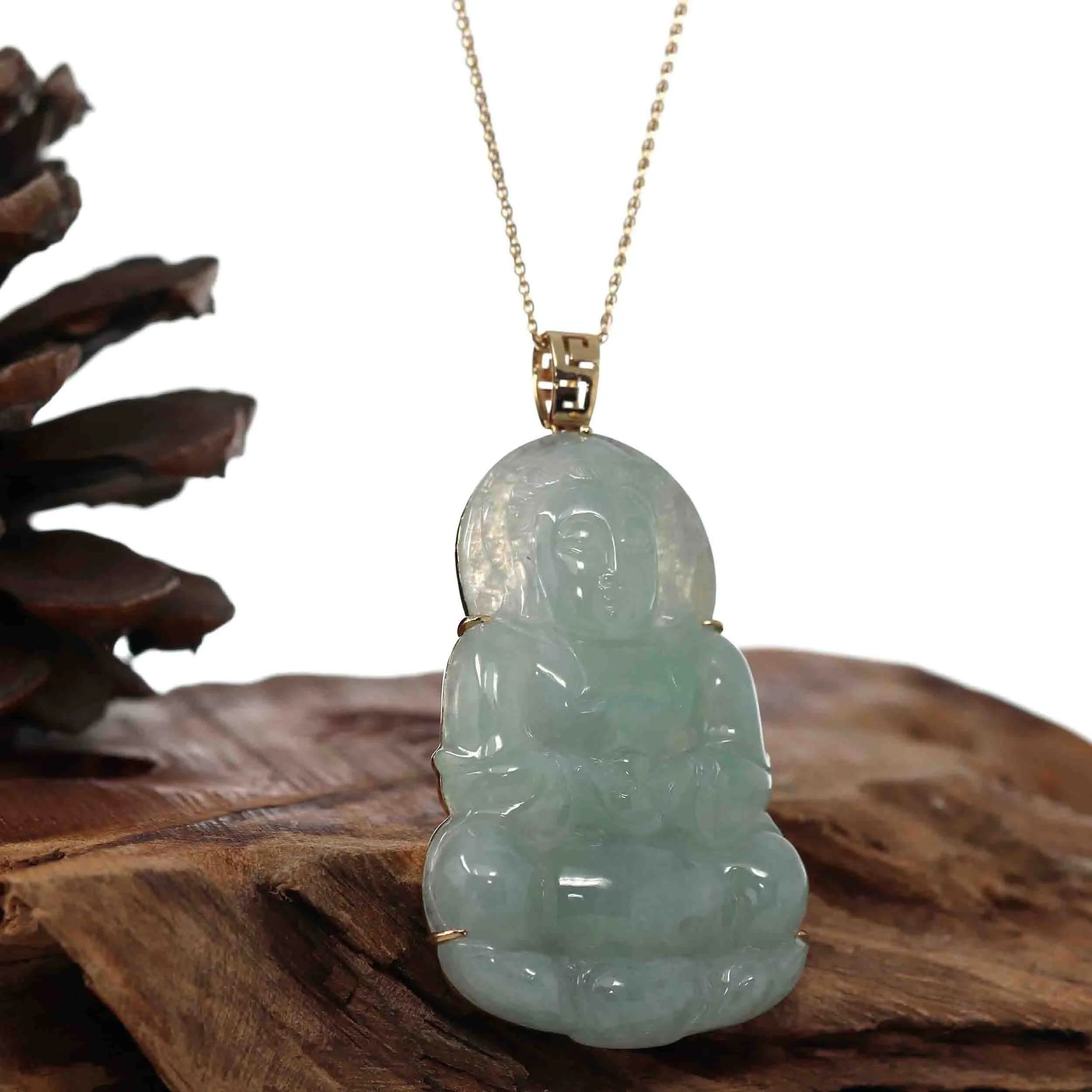 Baikalla 14k "Goddess of Compassion" Genuine Burmese Jadeite Jade Guanyin Necklace