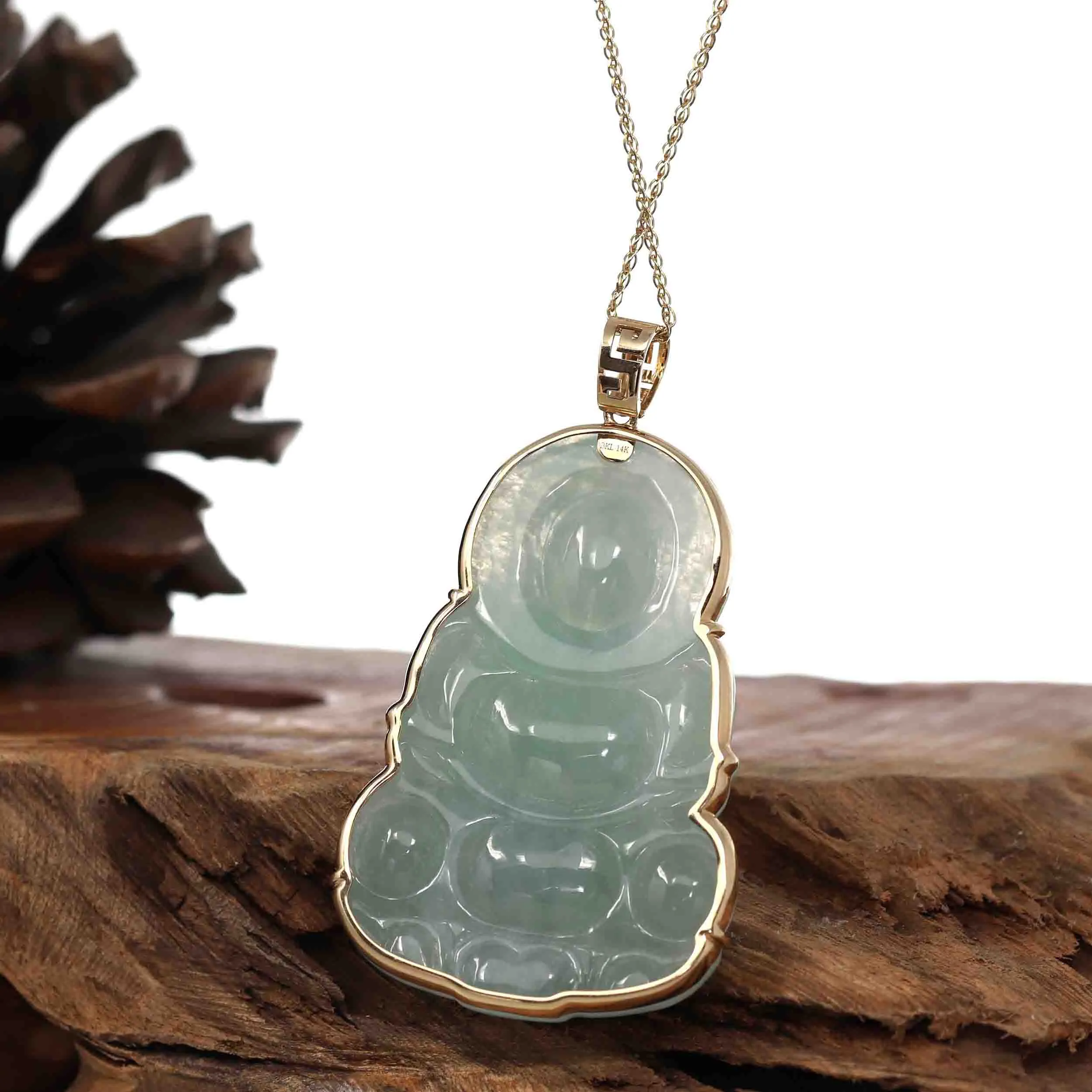 Baikalla 14k "Goddess of Compassion" Genuine Burmese Jadeite Jade Guanyin Necklace