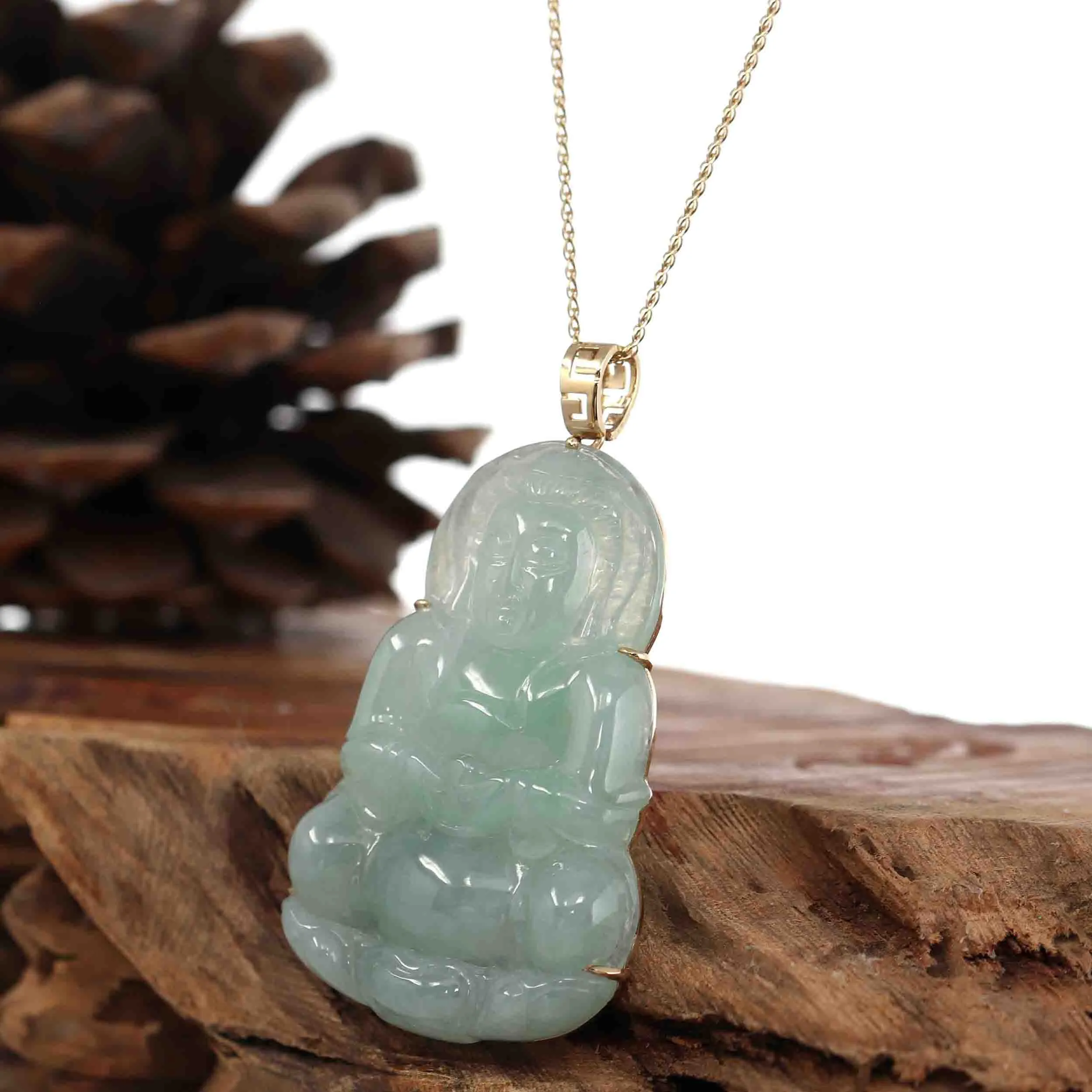 Baikalla 14k "Goddess of Compassion" Genuine Burmese Jadeite Jade Guanyin Necklace