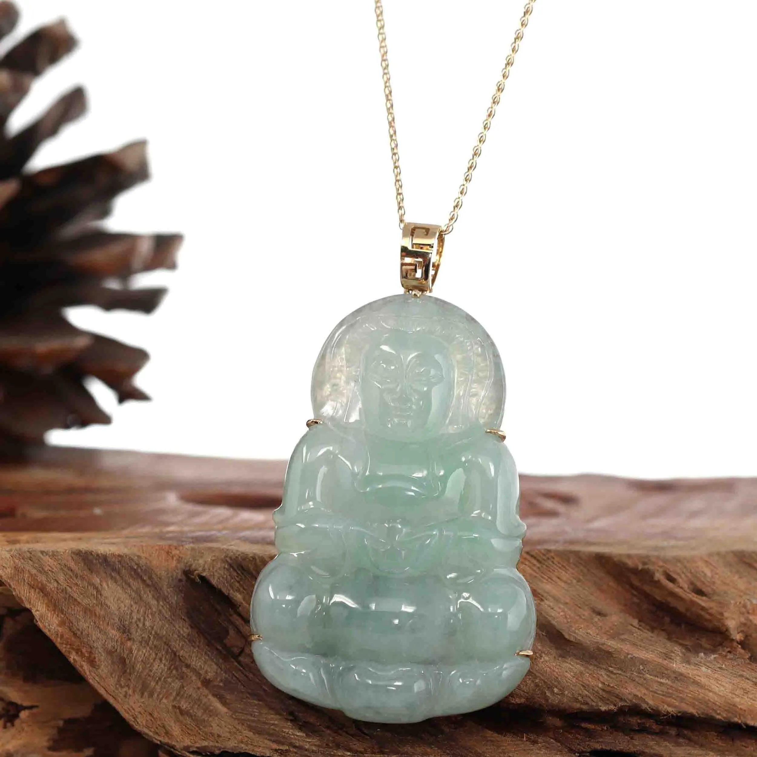 Baikalla 14k "Goddess of Compassion" Genuine Burmese Jadeite Jade Guanyin Necklace