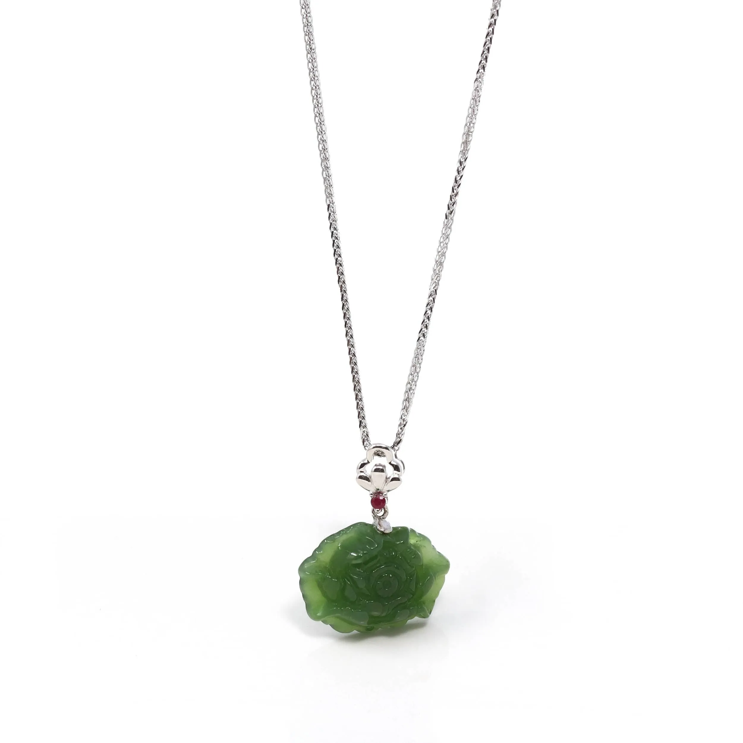 Baikalla™ : " Peony Flower " 14k Yellow Gold Genuine Nephrite Green Jade Pendant Necklace