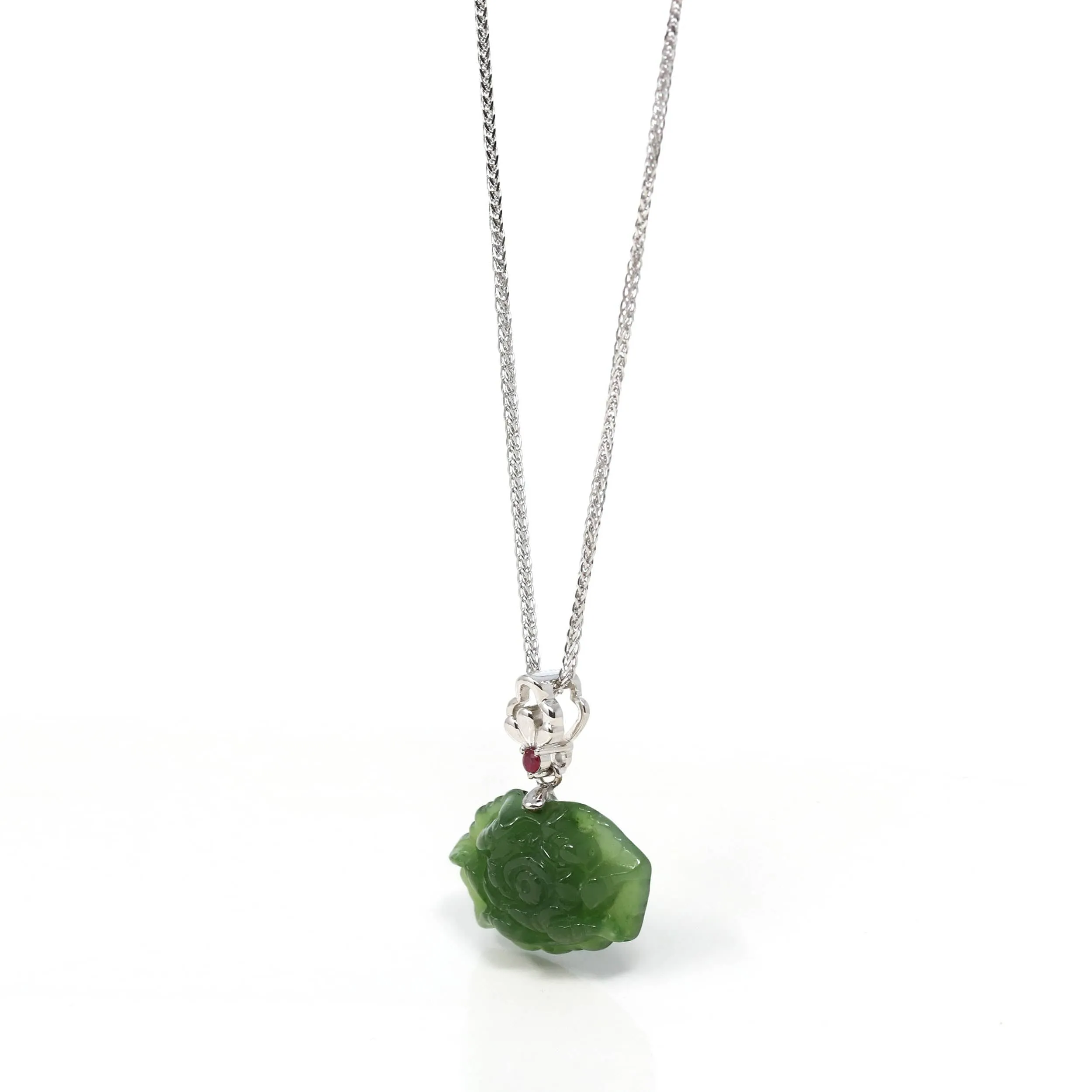 Baikalla™ : " Peony Flower " 14k Yellow Gold Genuine Nephrite Green Jade Pendant Necklace