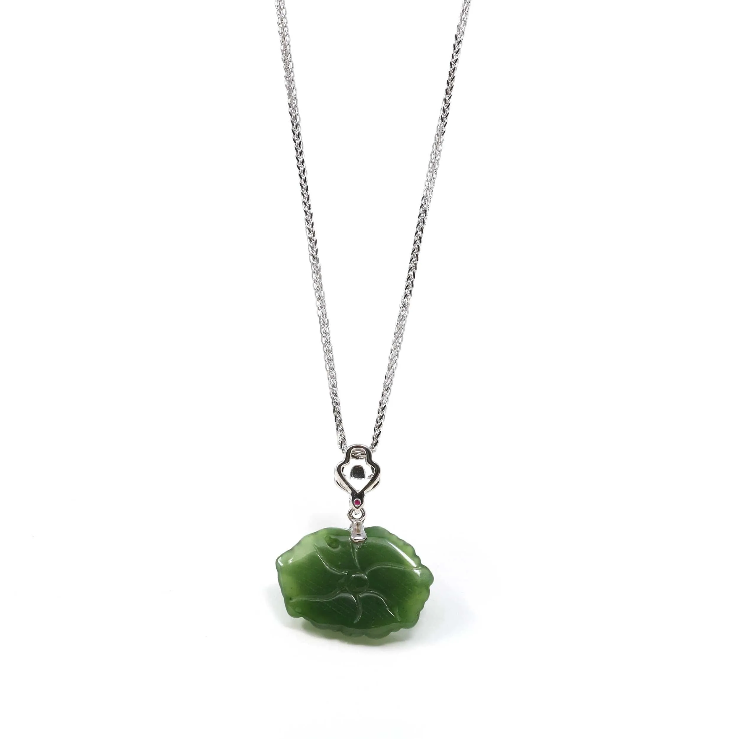 Baikalla™ : " Peony Flower " 14k Yellow Gold Genuine Nephrite Green Jade Pendant Necklace