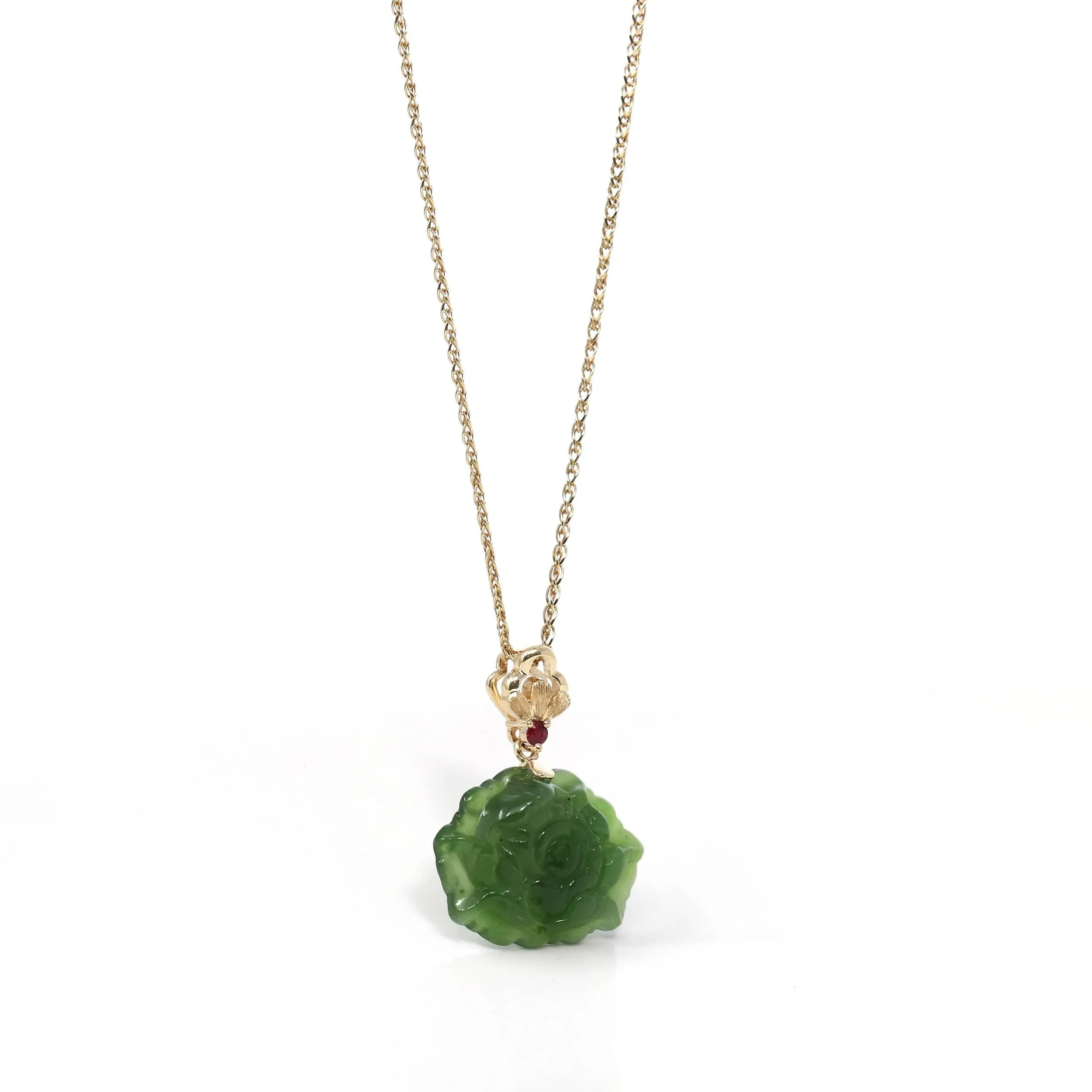 Baikalla™ : " Peony Flower " 14k Yellow Gold Genuine Nephrite Green Jade Pendant Necklace