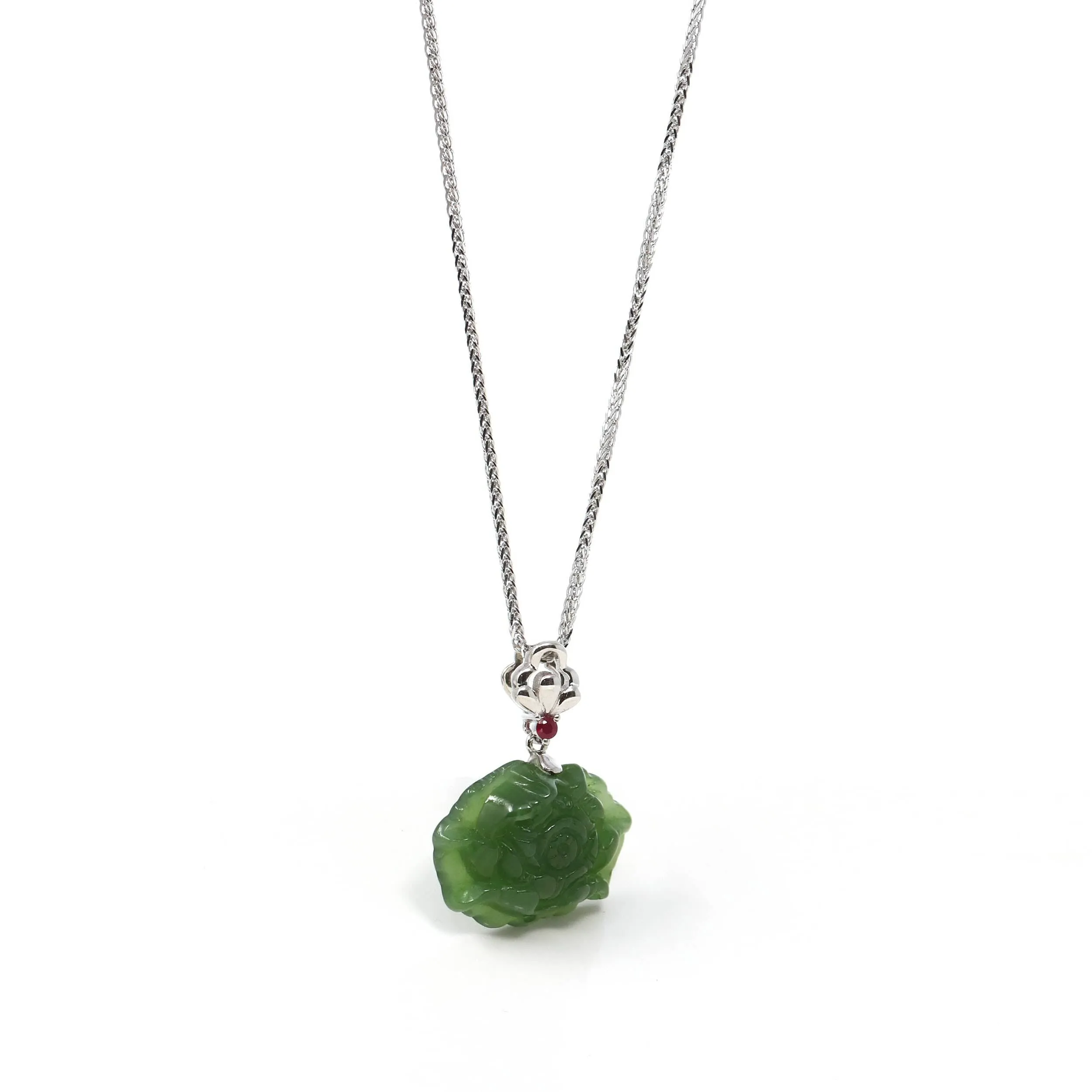 Baikalla™ : " Peony Flower " 14k Yellow Gold Genuine Nephrite Green Jade Pendant Necklace