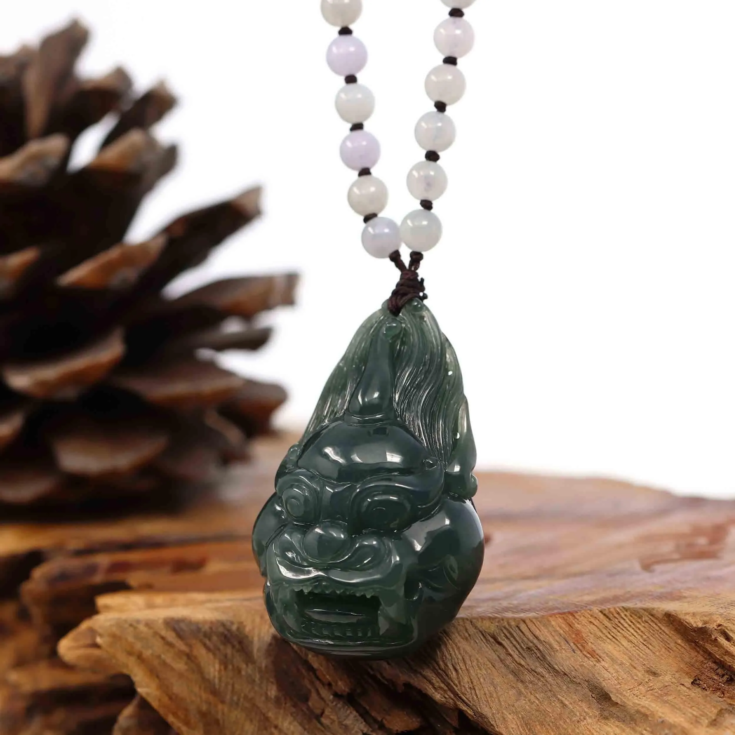 Baikalla™ "Fu Dog" (Guardian Lion) Natural Blue Green Jadeite Jade Necklace Collectibles