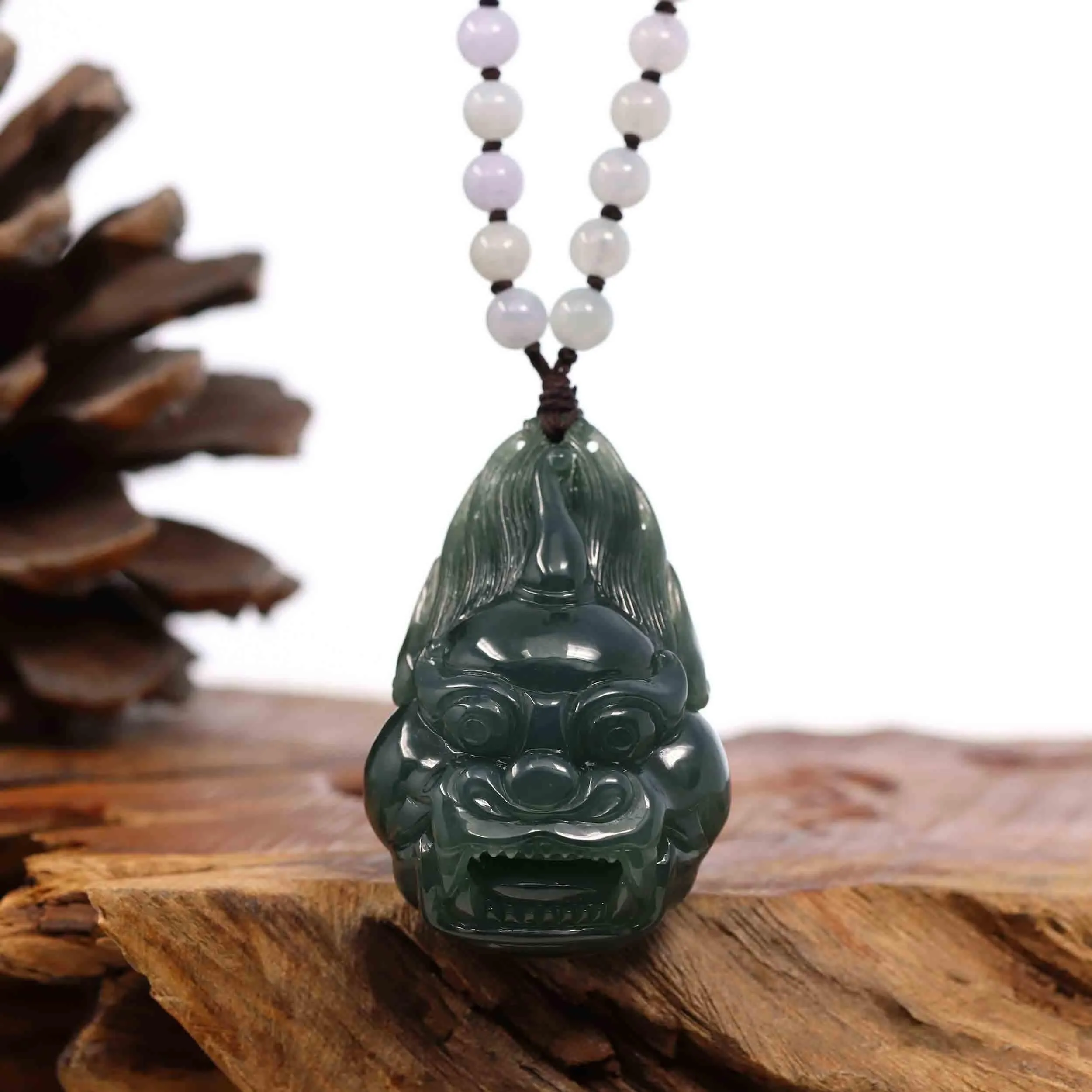 Baikalla™ "Fu Dog" (Guardian Lion) Natural Blue Green Jadeite Jade Necklace Collectibles