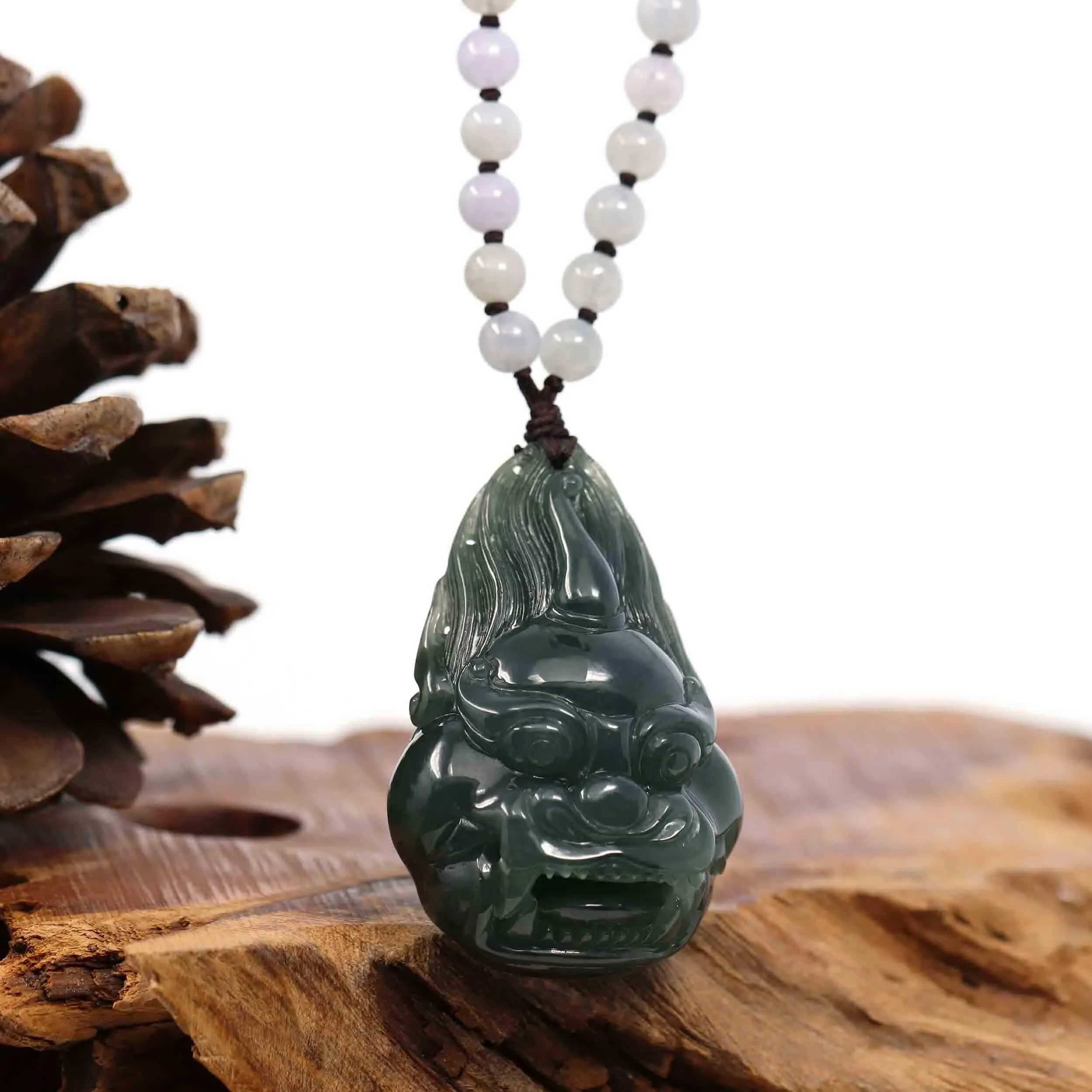 Baikalla™ "Fu Dog" (Guardian Lion) Natural Blue Green Jadeite Jade Necklace Collectibles