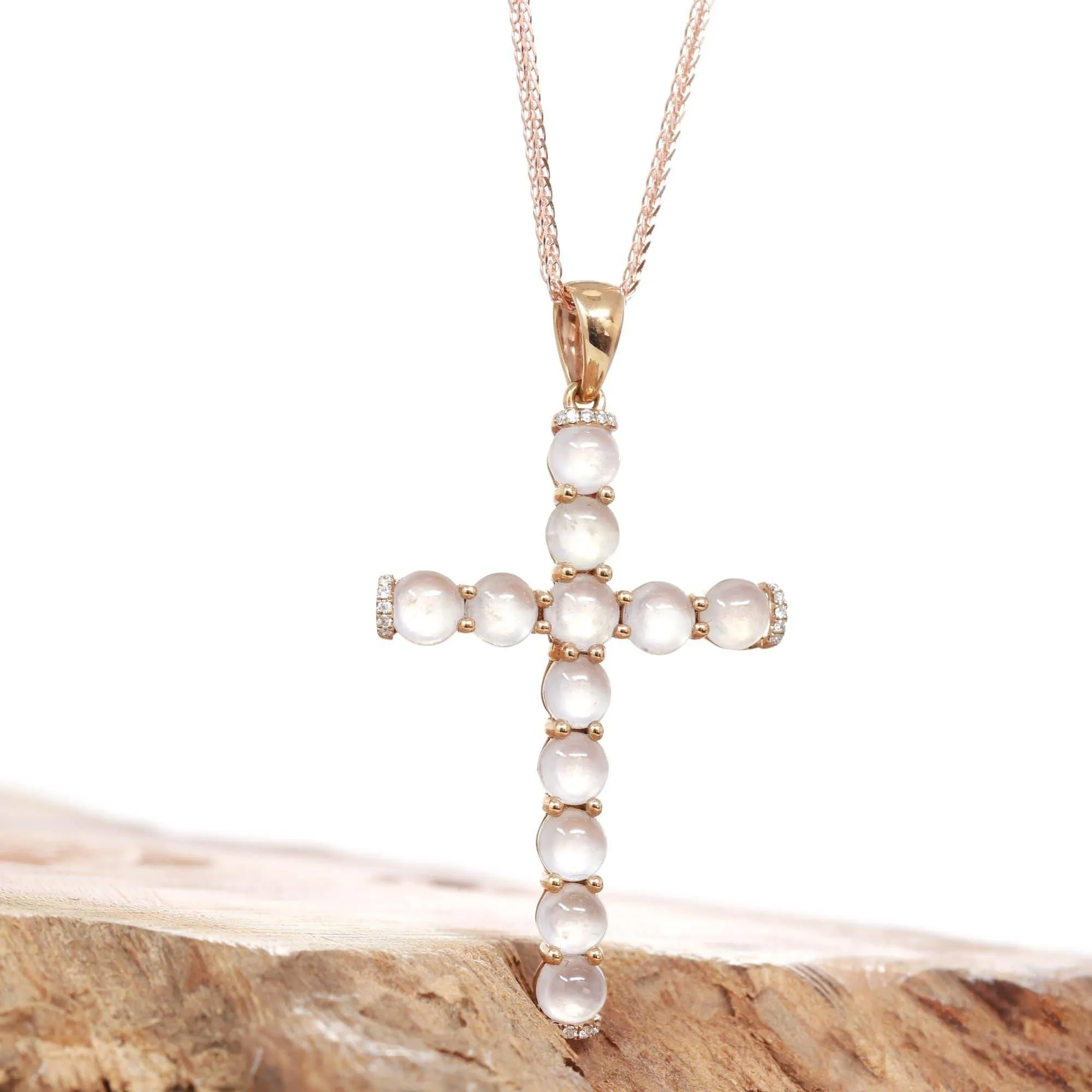 Baikalla™ "Ice Jade Cross" 18k Rose Gold Ice Jadeite Jade Diamond Cross Pendant Necklace