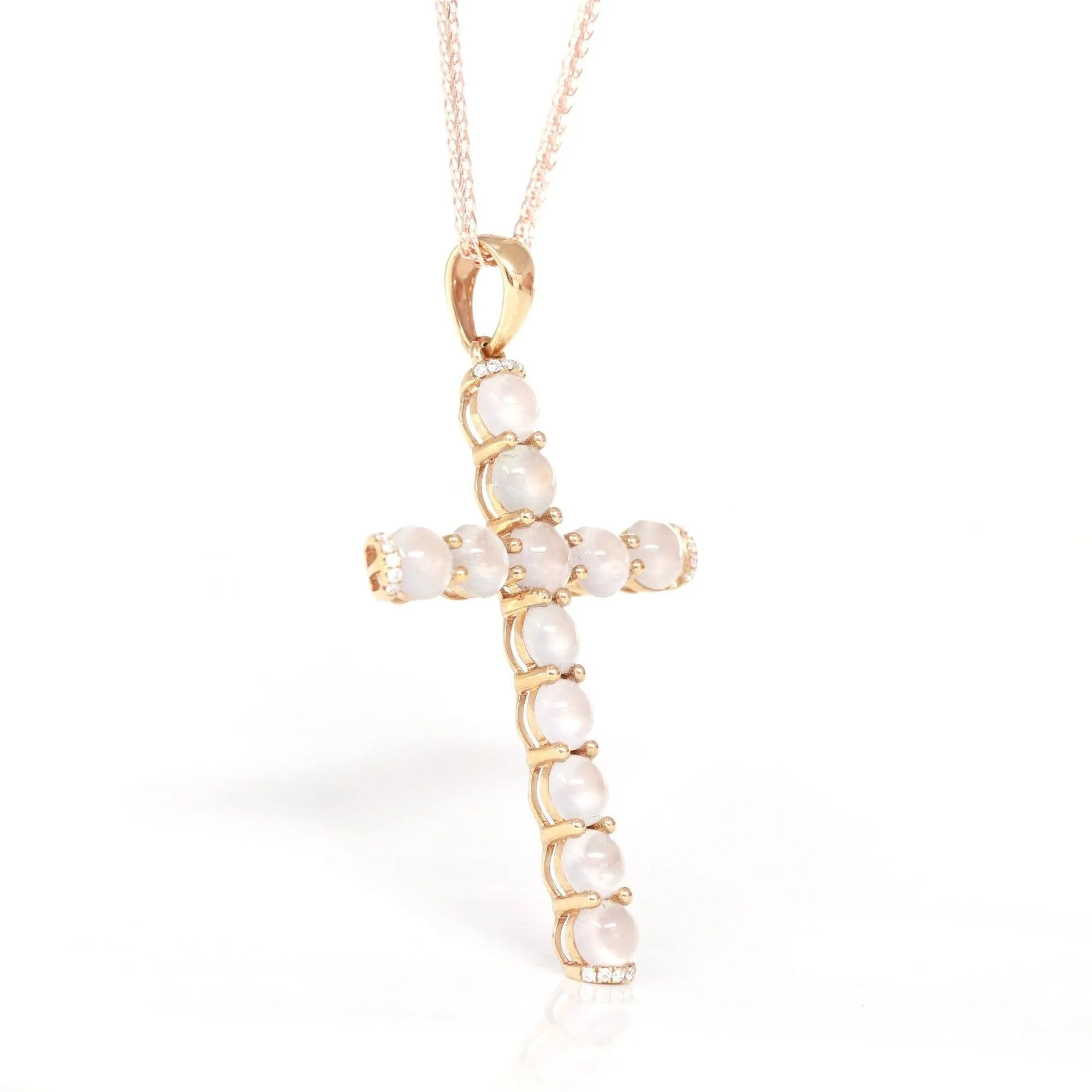 Baikalla™ "Ice Jade Cross" 18k Rose Gold Ice Jadeite Jade Diamond Cross Pendant Necklace