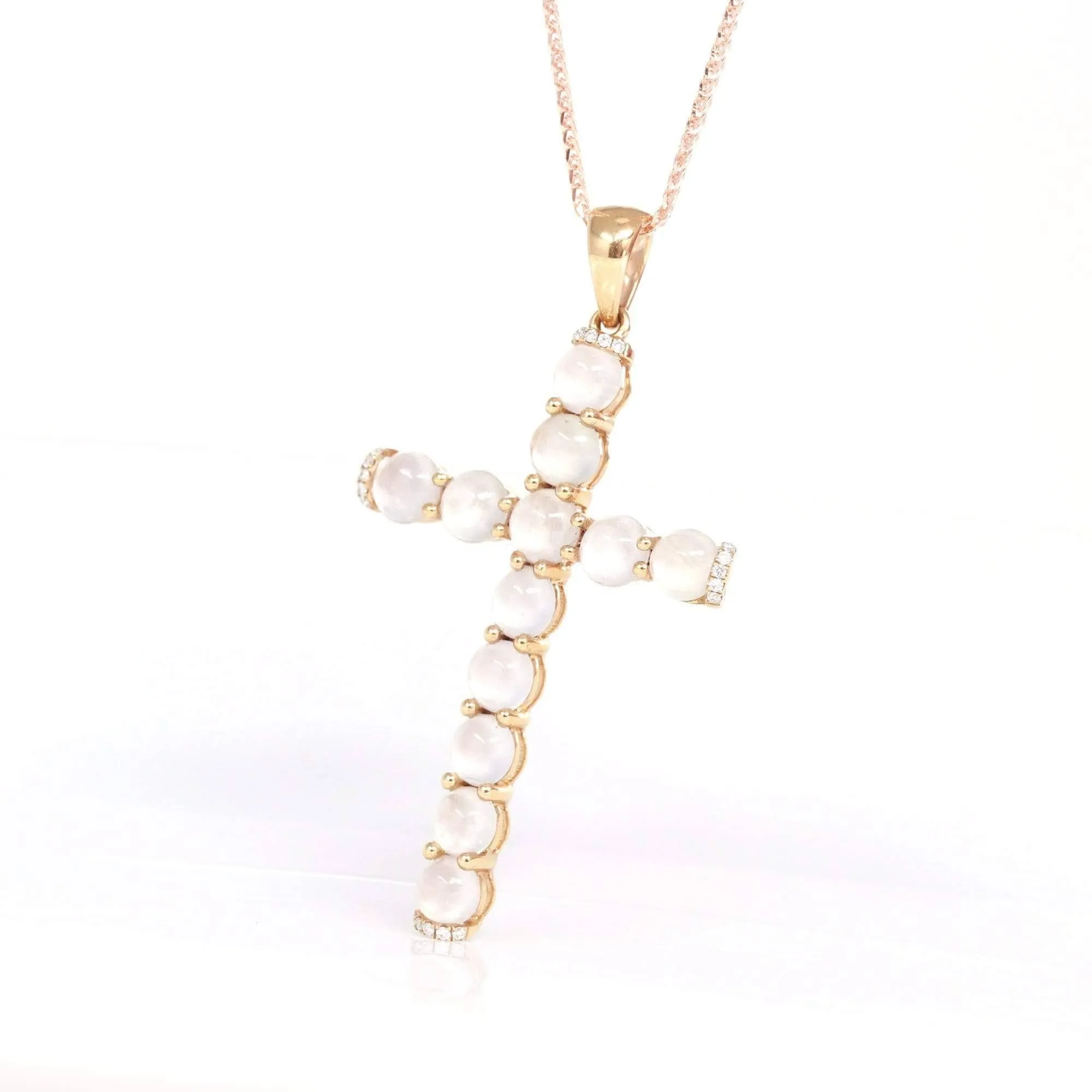 Baikalla™ "Ice Jade Cross" 18k Rose Gold Ice Jadeite Jade Diamond Cross Pendant Necklace