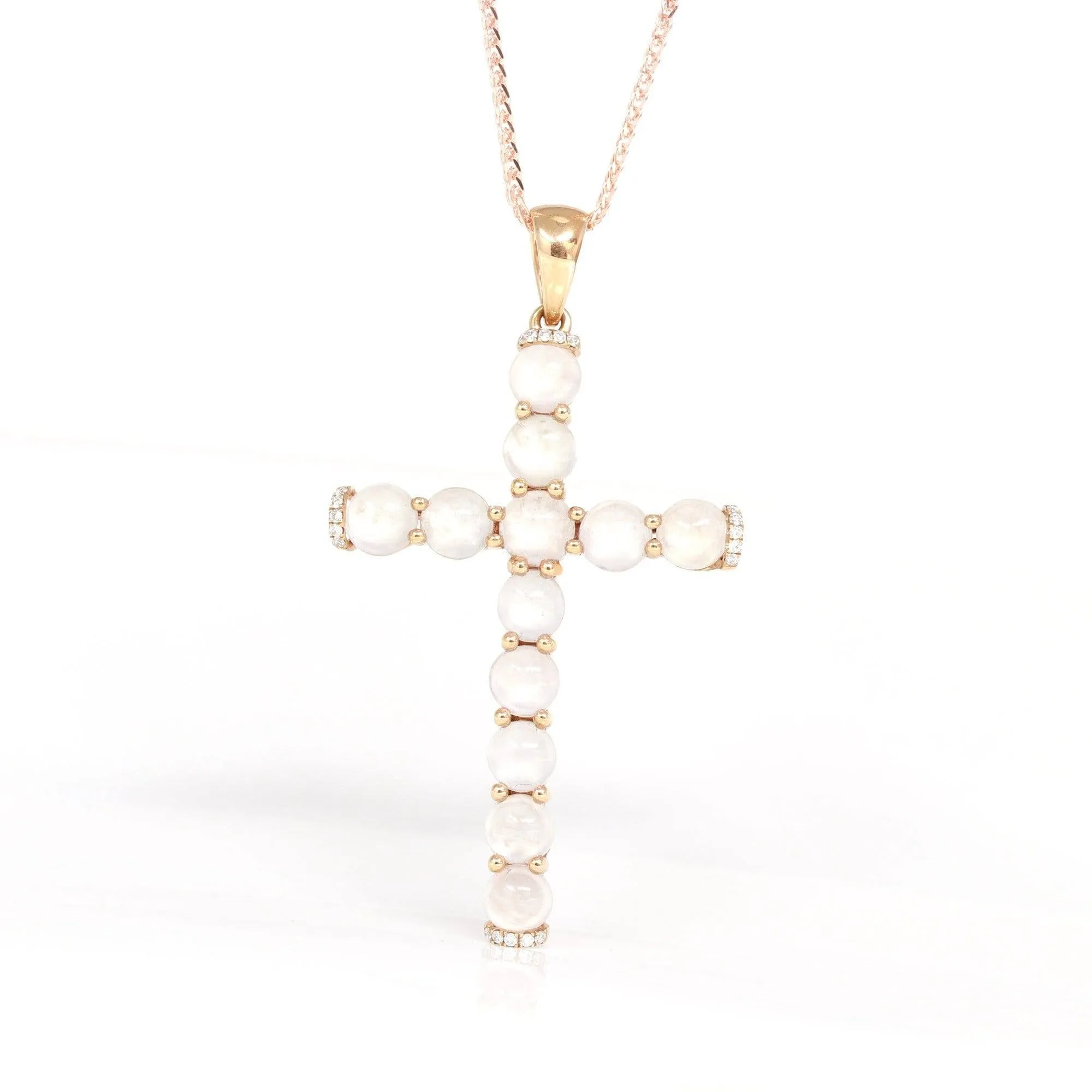 Baikalla™ "Ice Jade Cross" 18k Rose Gold Ice Jadeite Jade Diamond Cross Pendant Necklace