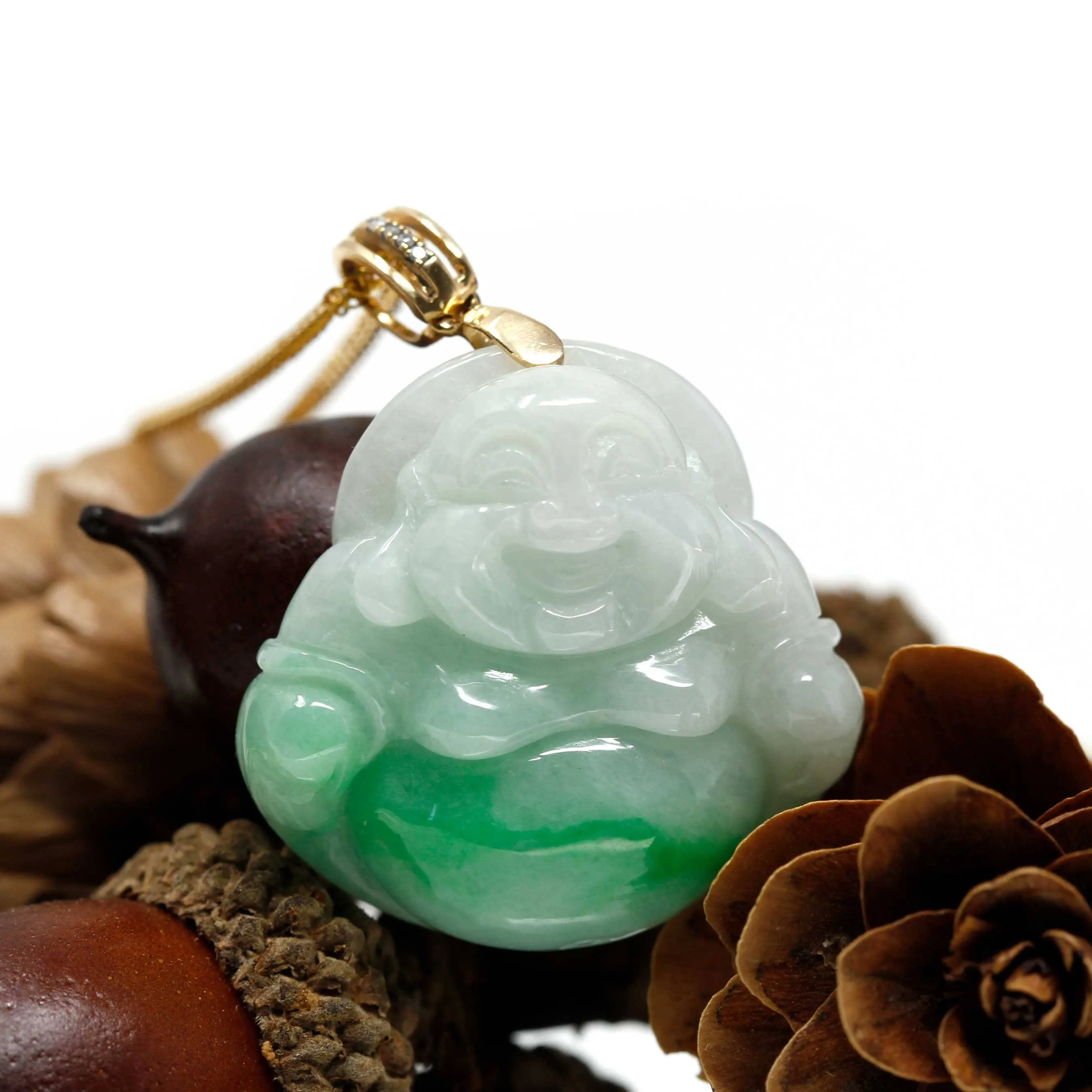 Baikalla™ "Laughing Buddha" Genuine Green Jadeite Buddha Pendant Necklace With 18k Yellow Gold Diamond Bail