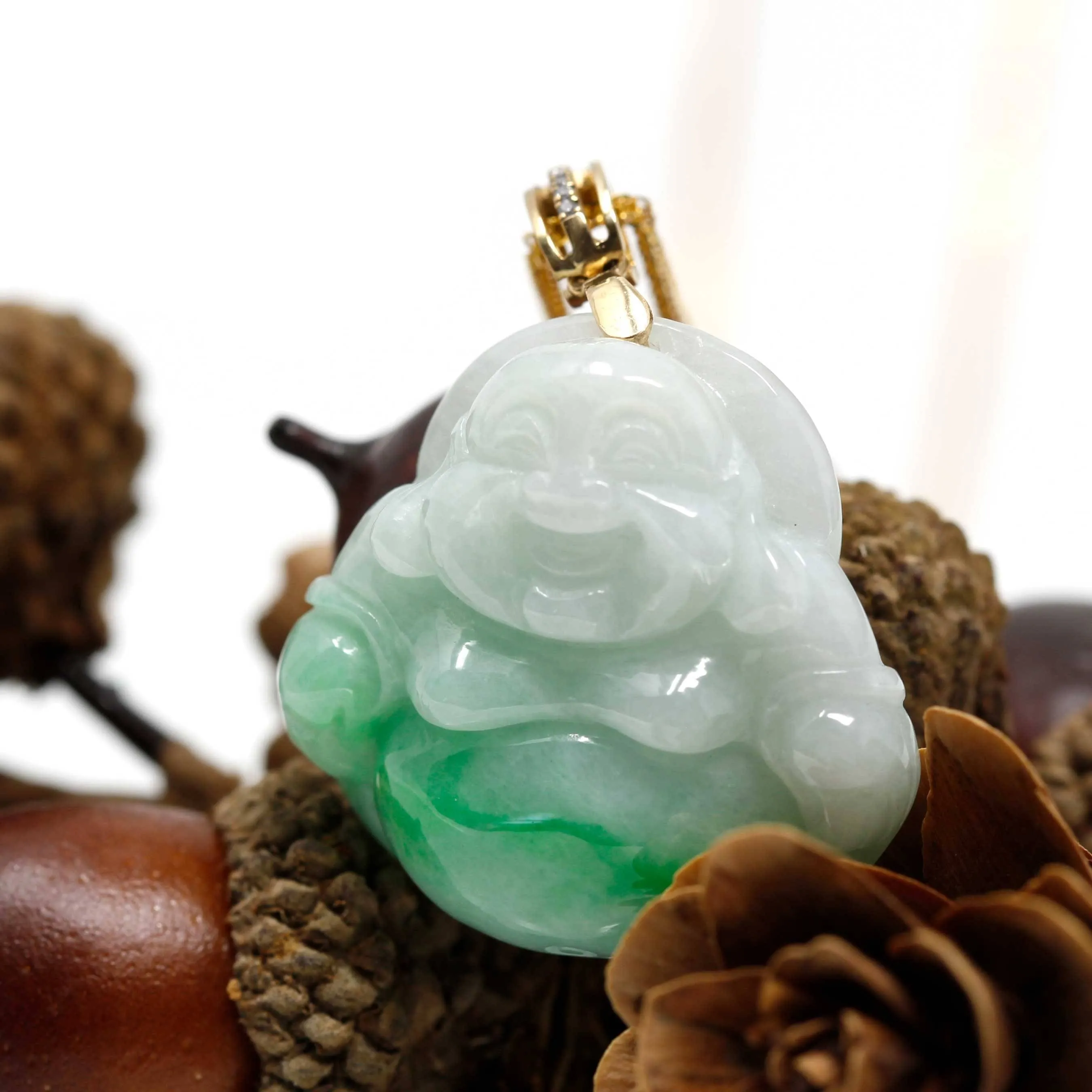 Baikalla™ "Laughing Buddha" Genuine Green Jadeite Buddha Pendant Necklace With 18k Yellow Gold Diamond Bail