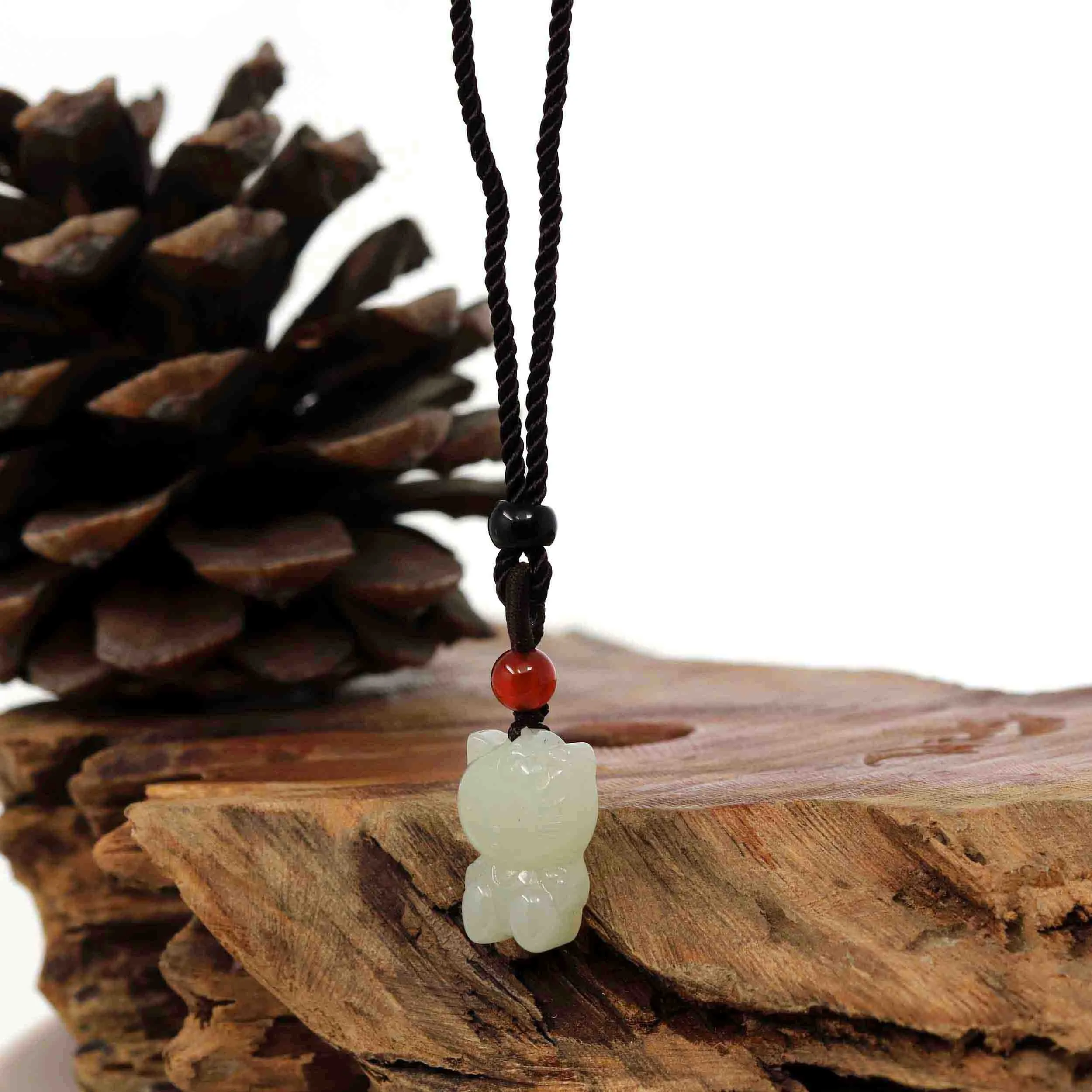 Baikalla "Lucky Kitten" White Nephrite Jade Pendant Necklace