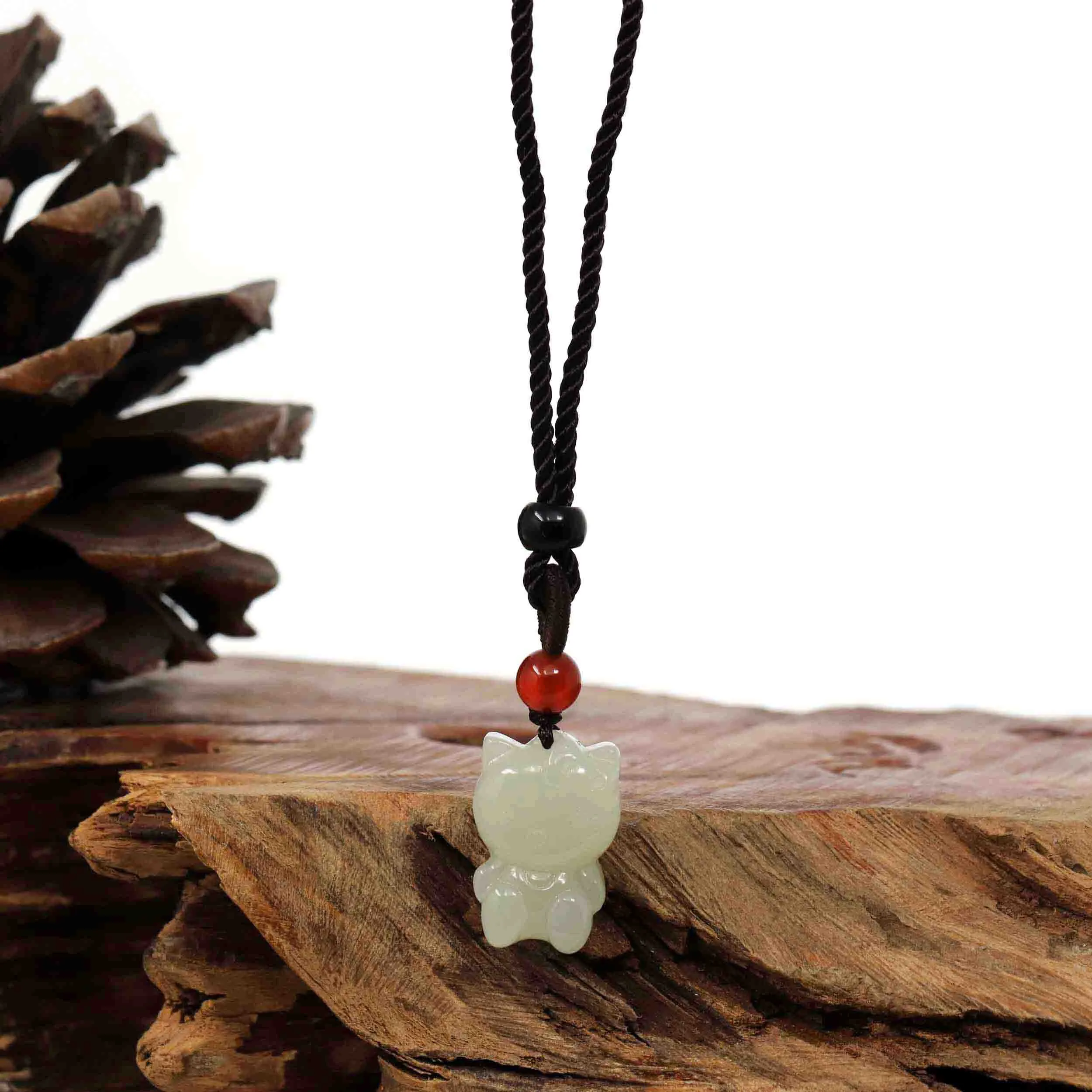 Baikalla "Lucky Kitten" White Nephrite Jade Pendant Necklace