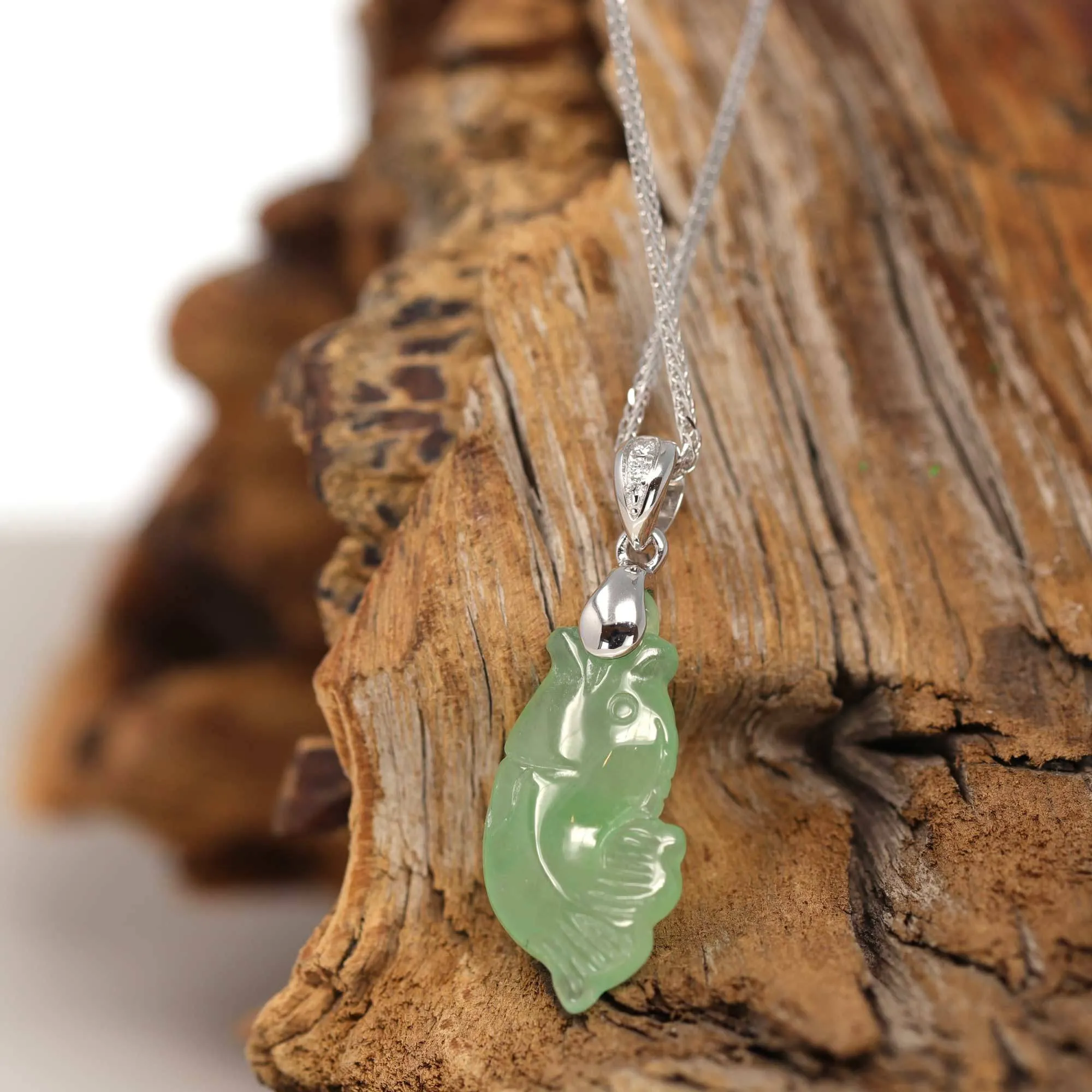 Baikalla "Prosperity Every Year (年年有鱼)" Lucky Fish Carving Pendant Necklace Natural Jadeite Jade JG165