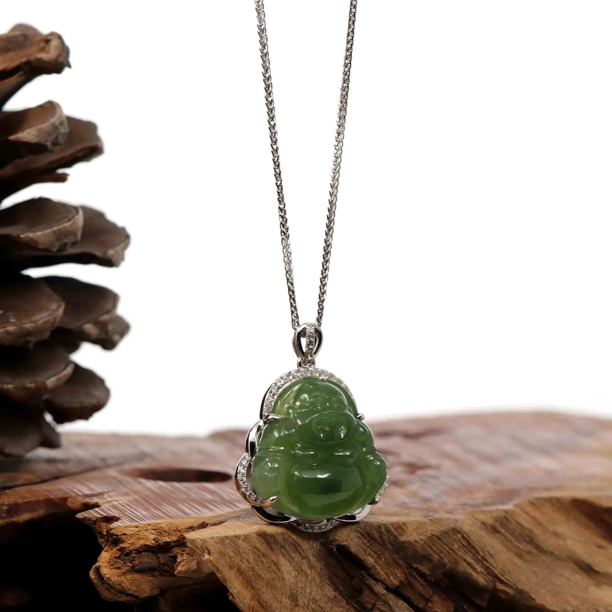 Baikalla™ Sterling Silver Natural Green Nephrite Jade Buddha Pendant Necklace