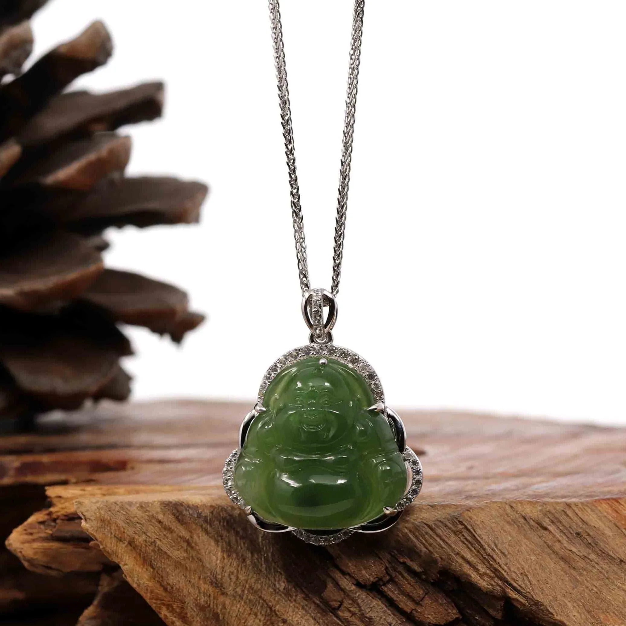 Baikalla™ Sterling Silver Natural Green Nephrite Jade Buddha Pendant Necklace