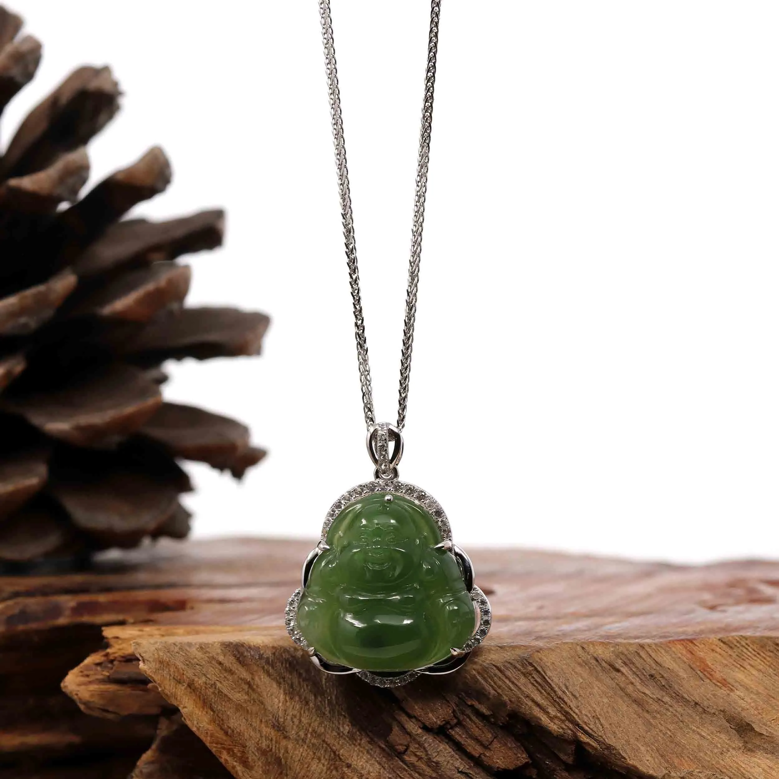 Baikalla™ Sterling Silver Natural Green Nephrite Jade Buddha Pendant Necklace