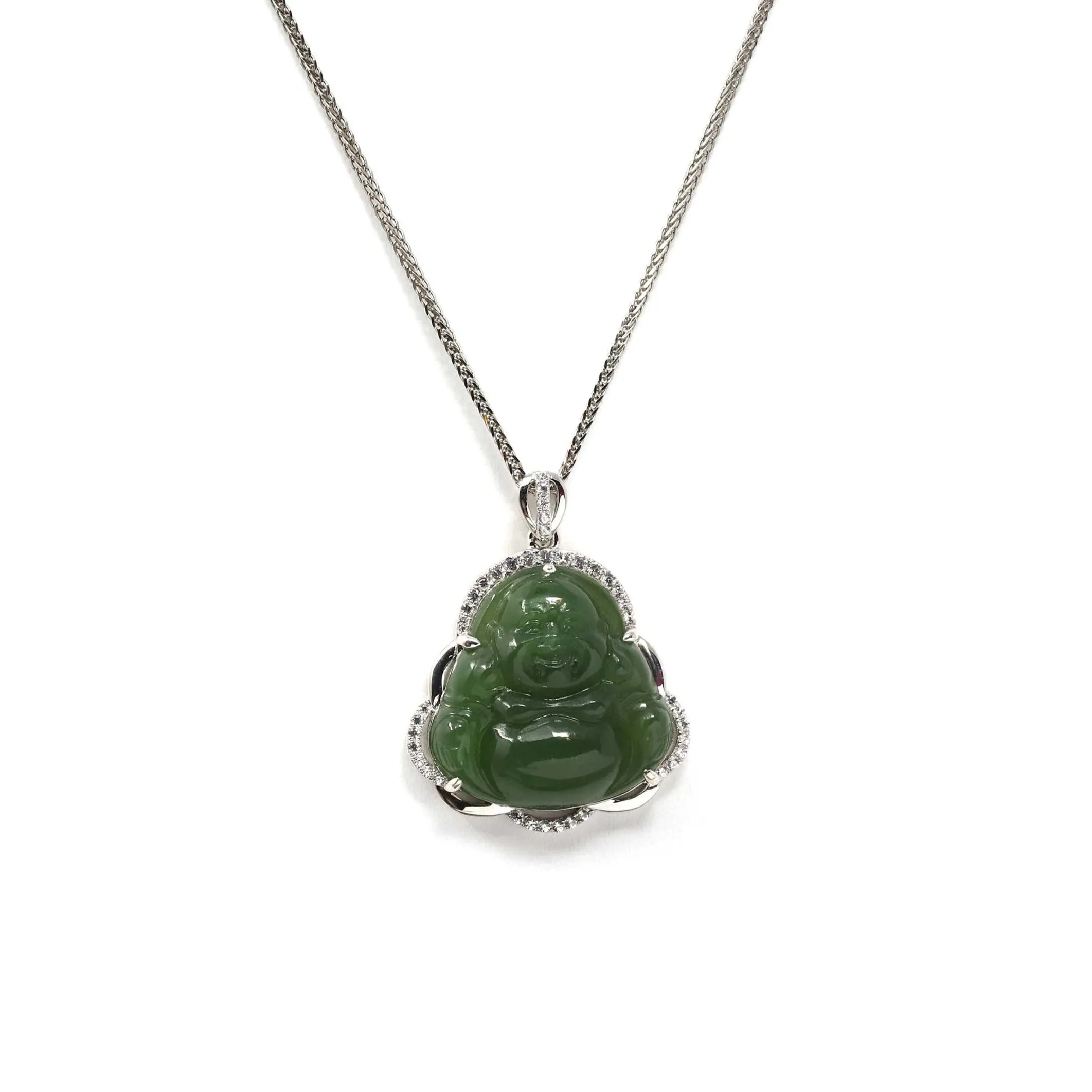 Baikalla™ Sterling Silver Natural Green Nephrite Jade Buddha Pendant Necklace