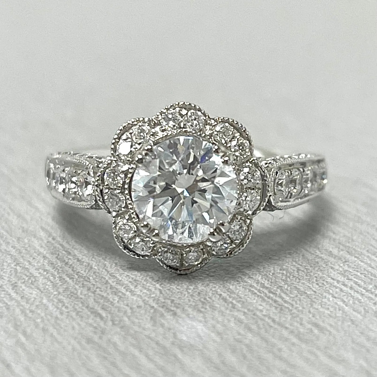 Blossoms Engagement Ring (1.21 ct Round GSI2 EGLUSA Diamond) in White Gold