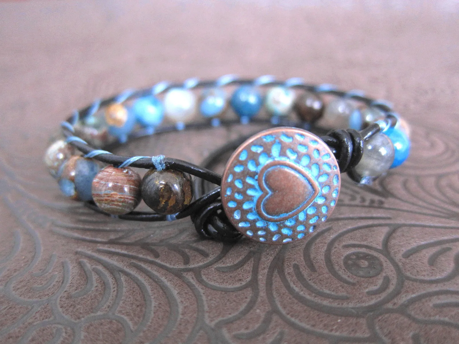 Blue Brown Mix Gemstones Bracelet on Dark Cord Leather