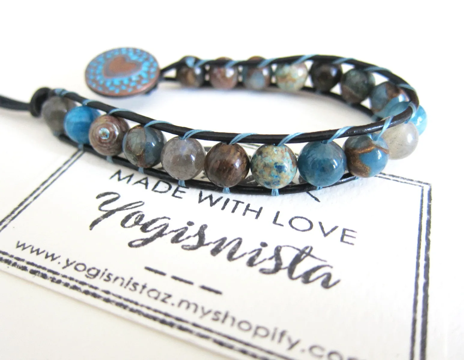 Blue Brown Mix Gemstones Bracelet on Dark Cord Leather