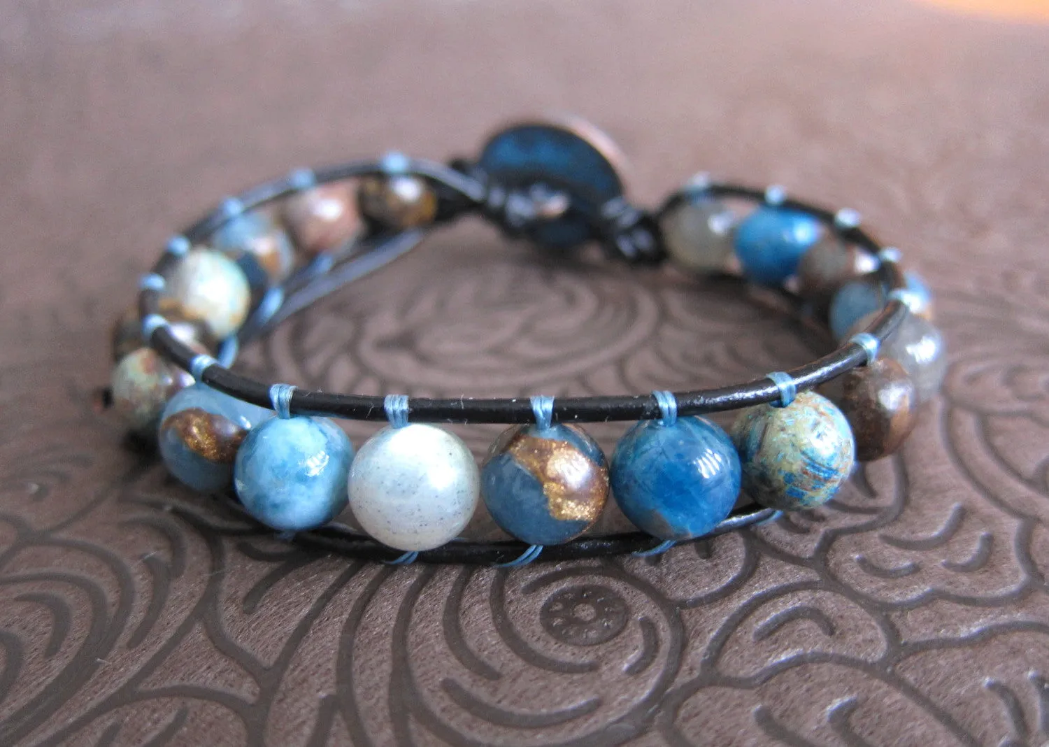 Blue Brown Mix Gemstones Bracelet on Dark Cord Leather