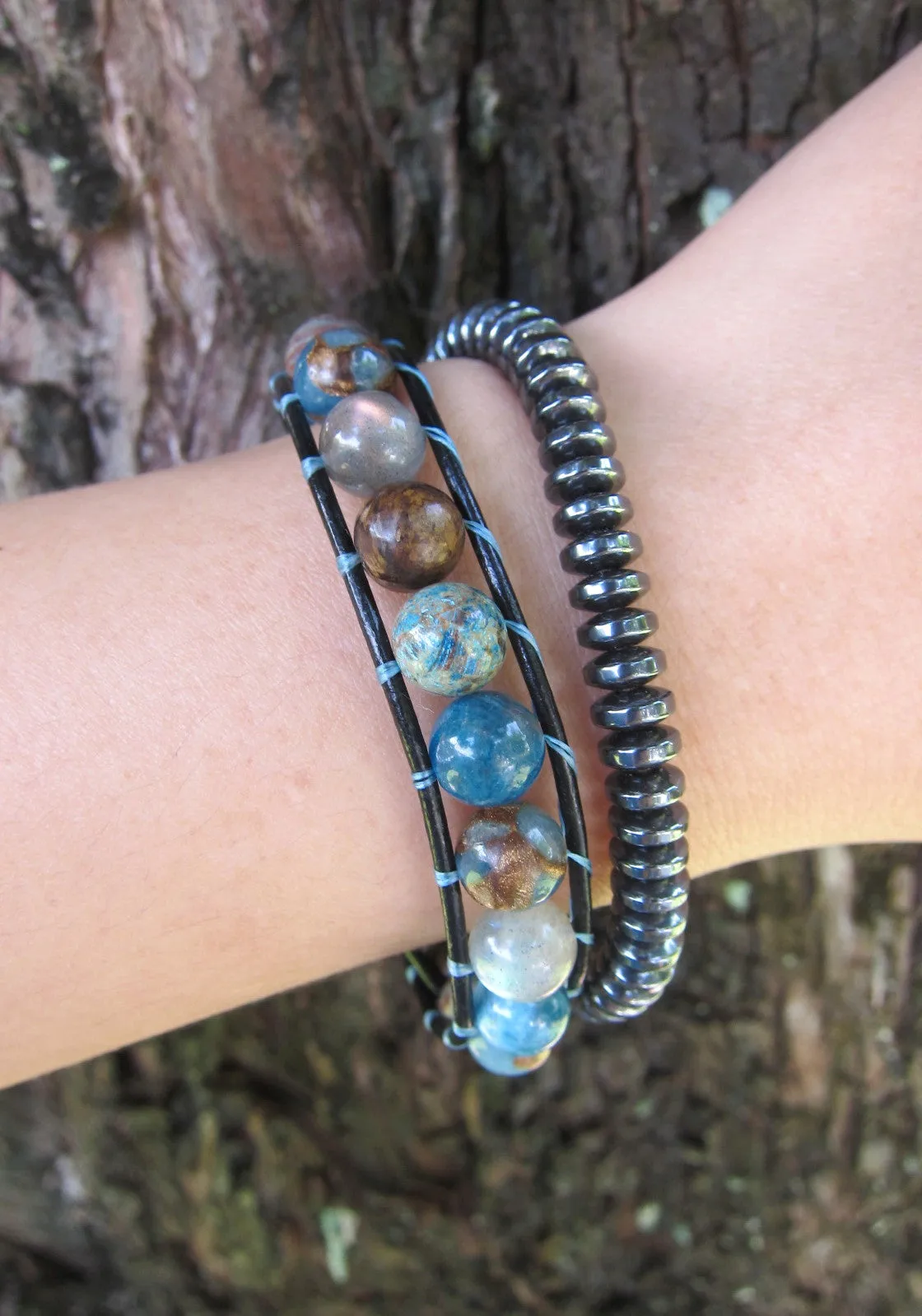 Blue Brown Mix Gemstones Bracelet on Dark Cord Leather