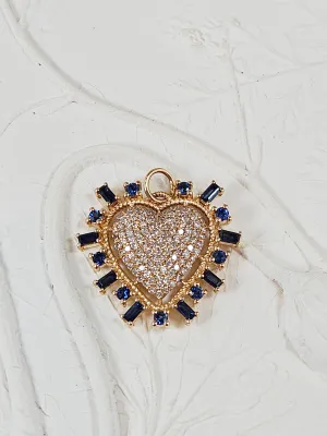 Blue Sapphire, Diamond Pave Heart Gemstone 14K Yellow Gold Pendant Charm