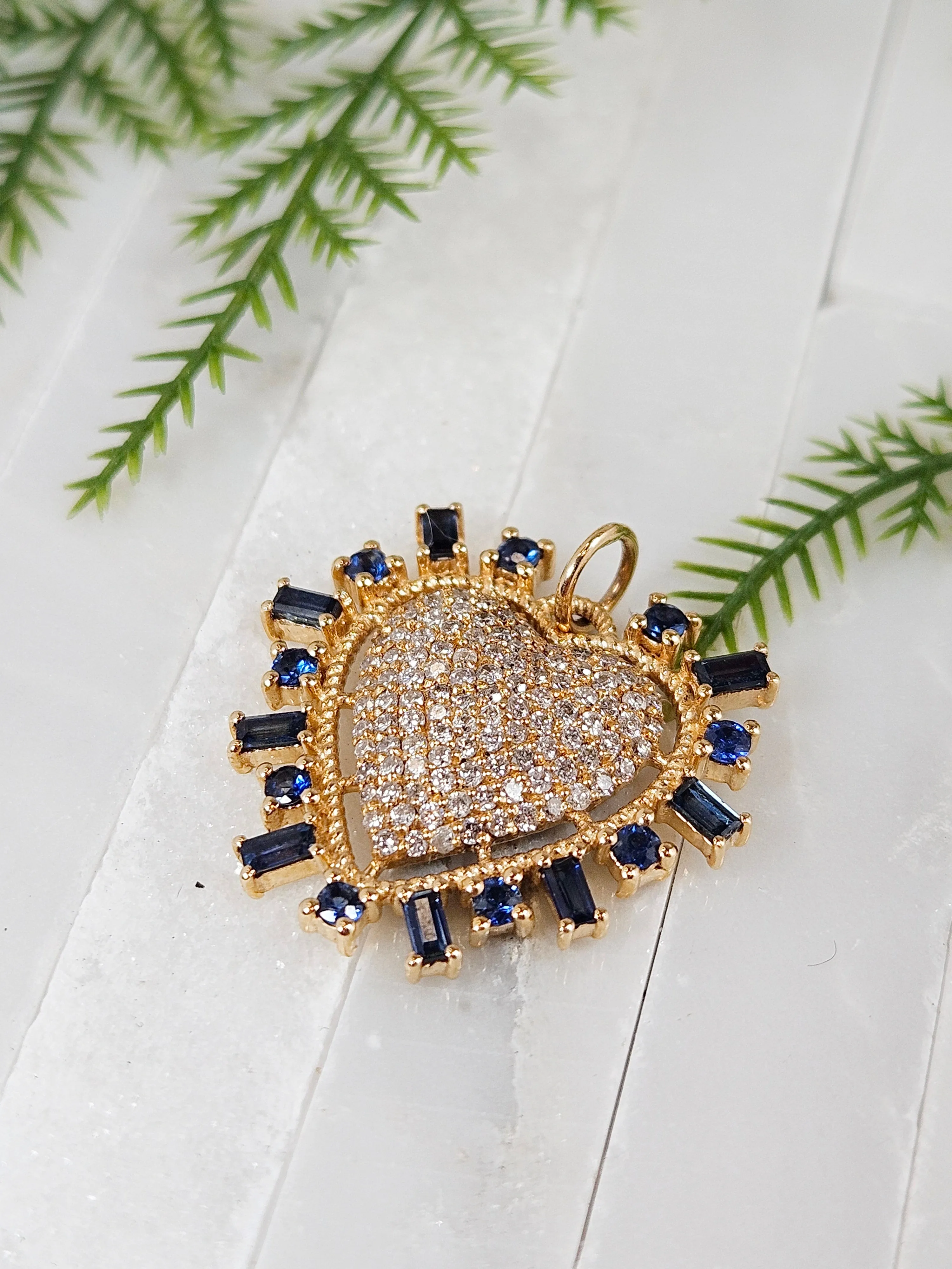 Blue Sapphire, Diamond Pave Heart Gemstone 14K Yellow Gold Pendant Charm