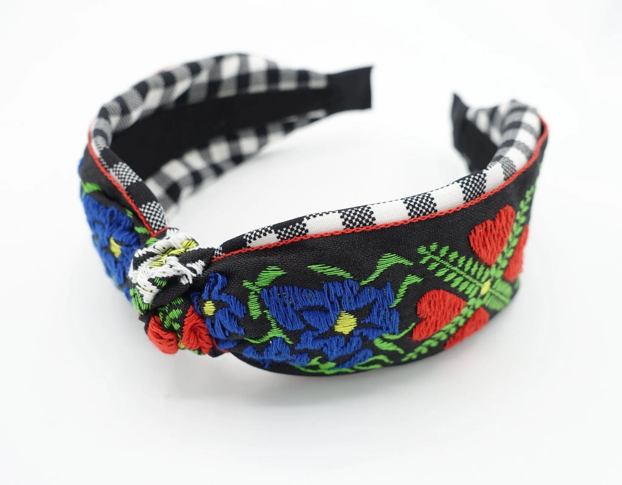 bohemian pattern embroidery headband knot gingham check hairband women hair accessory