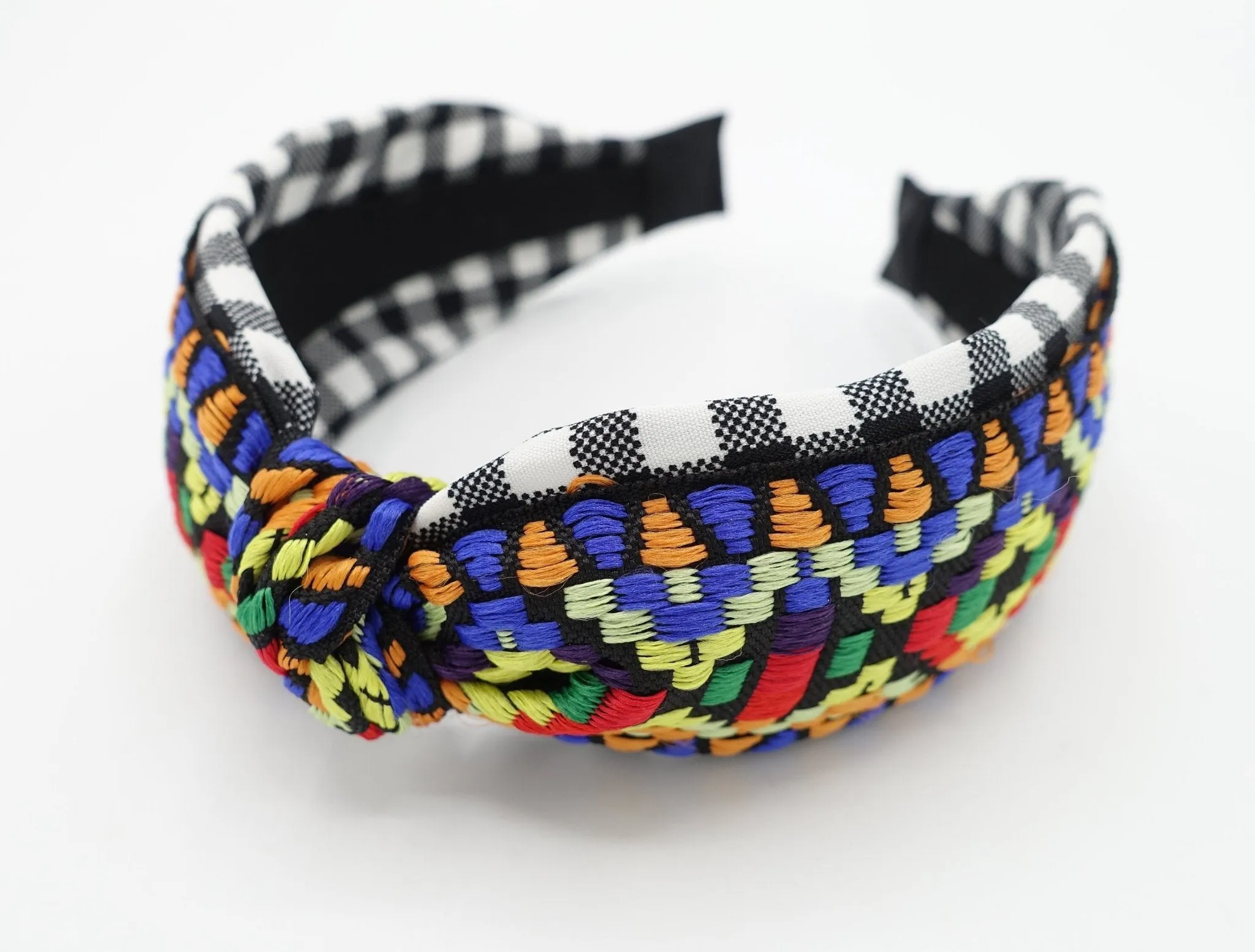 bohemian pattern embroidery headband knot gingham check hairband women hair accessory