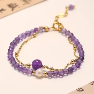 Buddha Stones 14K Gold Plated Amethyst Crystal Healing Double Layer Chain Bracelet