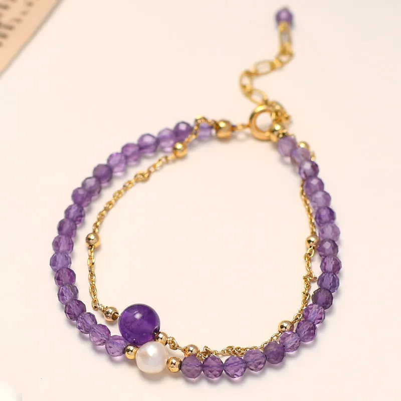 Buddha Stones 14K Gold Plated Amethyst Crystal Healing Double Layer Chain Bracelet