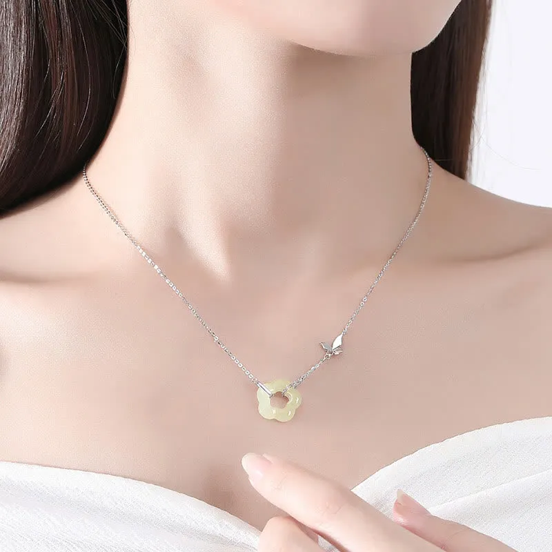 Buddha Stones 925 Sterling Silver Butterfly Hetian Jade Flower Blessing Necklace Pendant