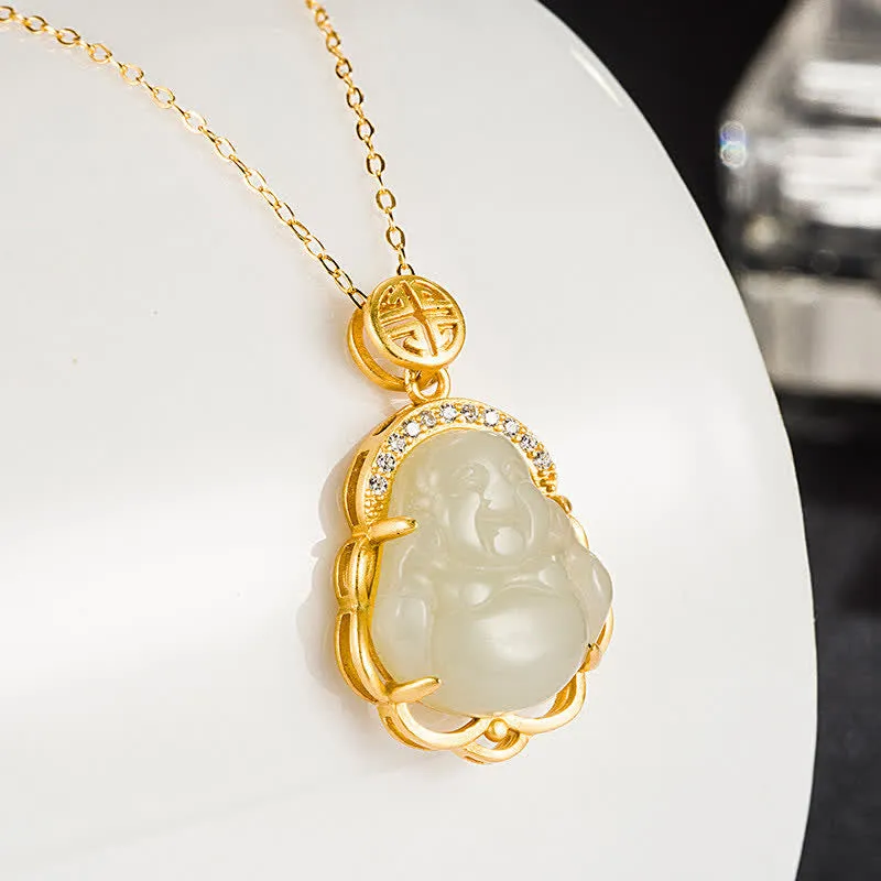 Buddha Stones 925 Sterling Silver Laughing Buddha Hetian White Jade Protection Necklace Pendant