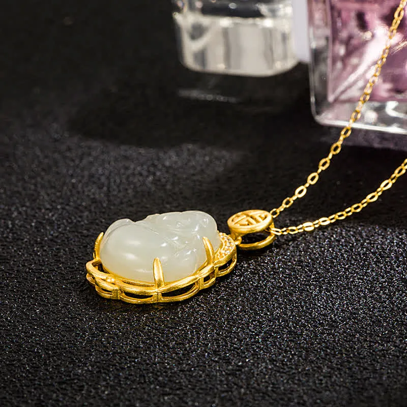 Buddha Stones 925 Sterling Silver Laughing Buddha Hetian White Jade Protection Necklace Pendant