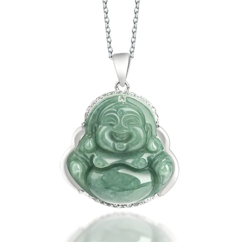 Buddha Stones 925 Sterling Silver Laughing Buddha Jade Abundance Necklace Chain Pendant