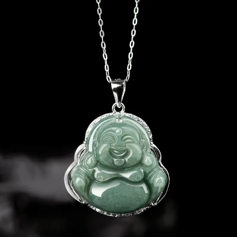 Buddha Stones 925 Sterling Silver Laughing Buddha Jade Abundance Necklace Chain Pendant