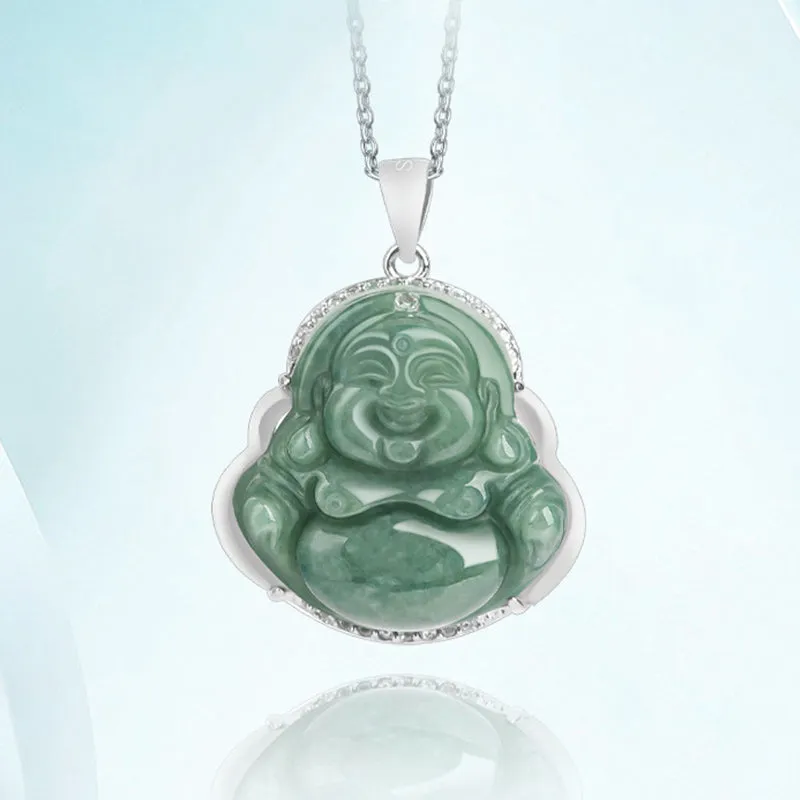 Buddha Stones 925 Sterling Silver Laughing Buddha Jade Abundance Necklace Chain Pendant