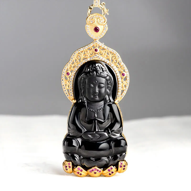 Buddha Stones 925 Sterling Silver Natural Black Jade Kwan Yin Avalokitesvara Wealth Necklace Pendant