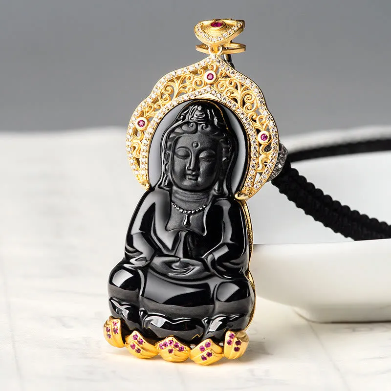 Buddha Stones 925 Sterling Silver Natural Black Jade Kwan Yin Avalokitesvara Wealth Necklace Pendant