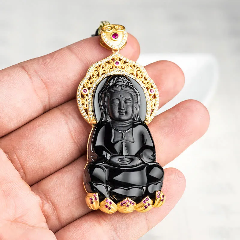 Buddha Stones 925 Sterling Silver Natural Black Jade Kwan Yin Avalokitesvara Wealth Necklace Pendant