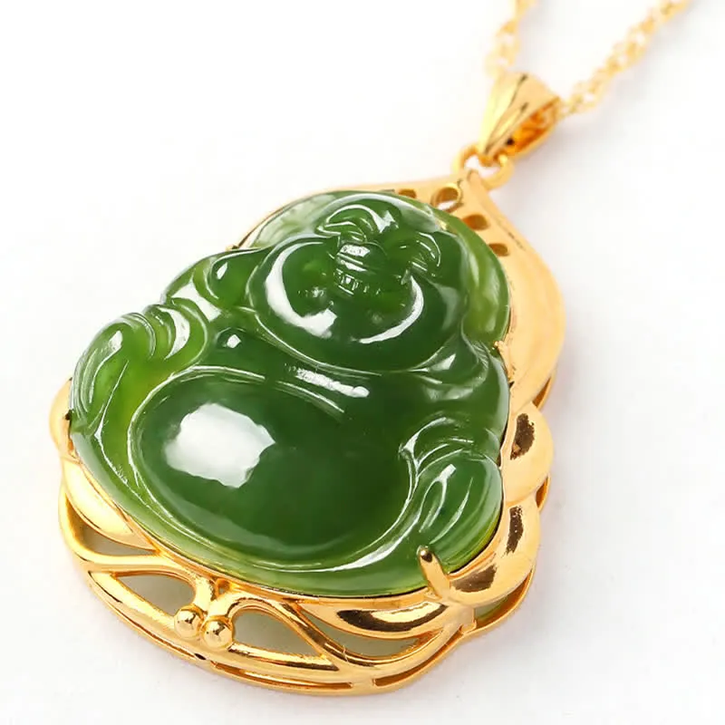 Buddha Stones 925 Sterling Silver Natural Hetian Cyan Jade Laughing Buddha 18K Gold Healing Necklace Chain Pendant