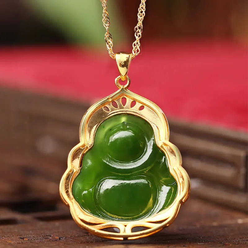 Buddha Stones 925 Sterling Silver Natural Hetian Cyan Jade Laughing Buddha 18K Gold Healing Necklace Chain Pendant